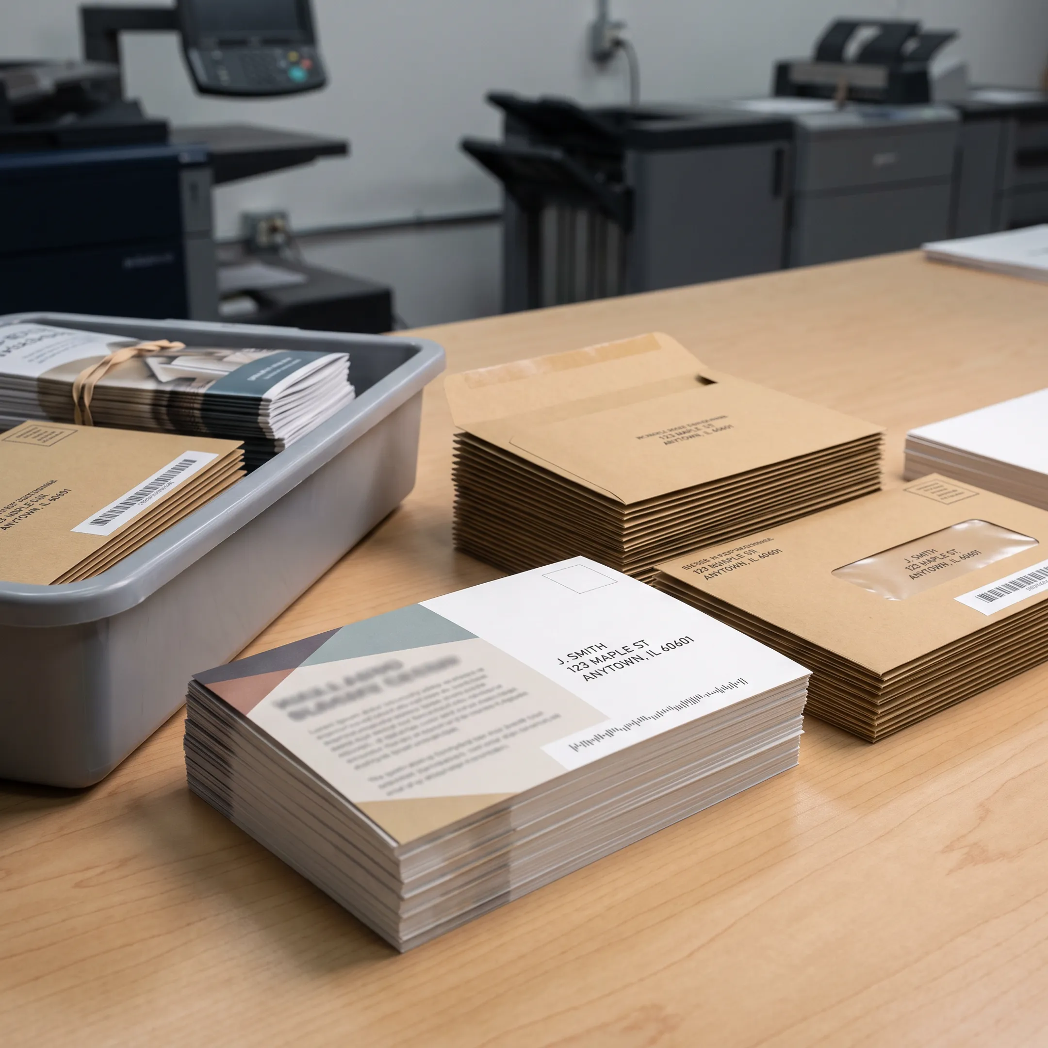 Personalized insurance postcards and envelopes ready for mailing