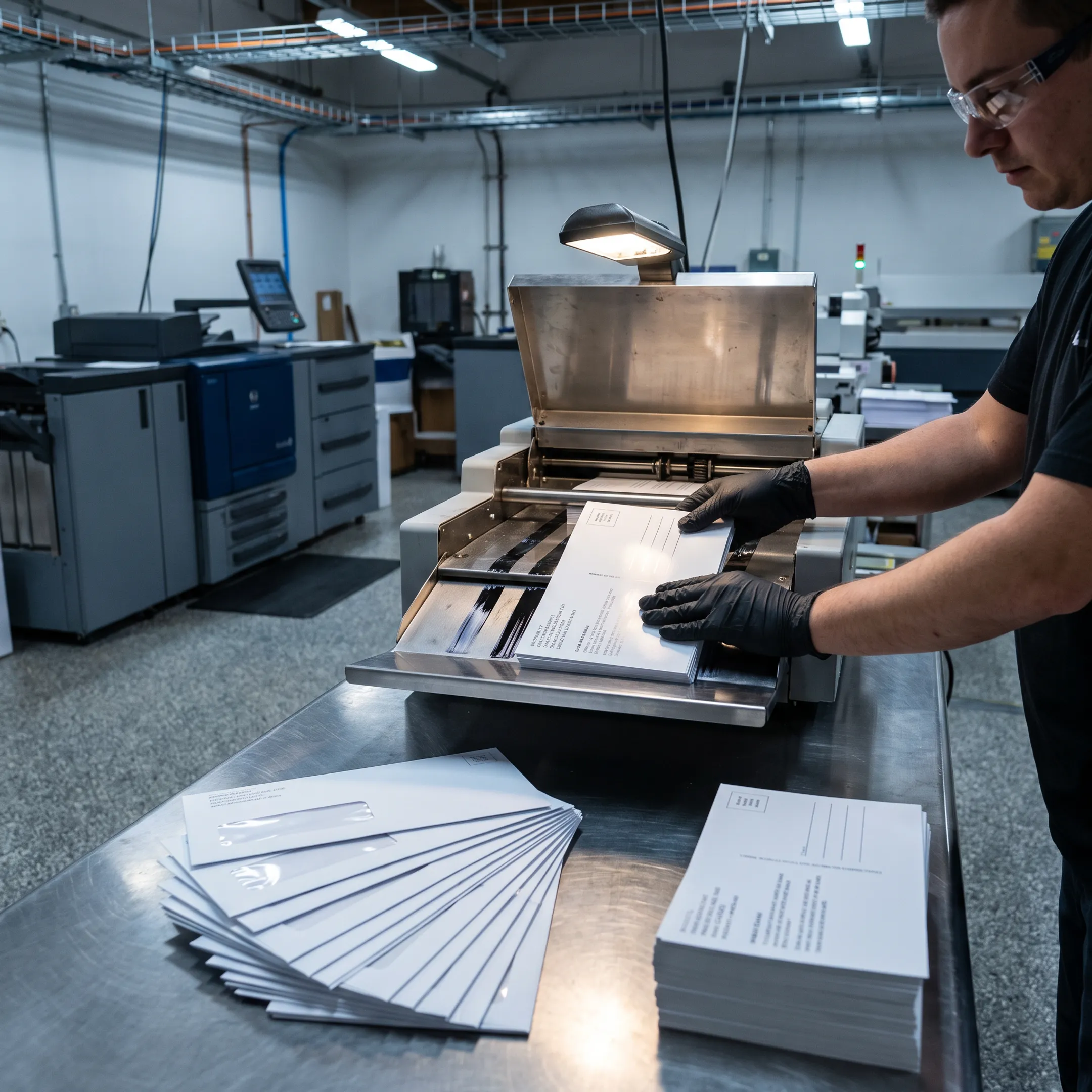 Personalized direct mail pieces moving through print and mailing production