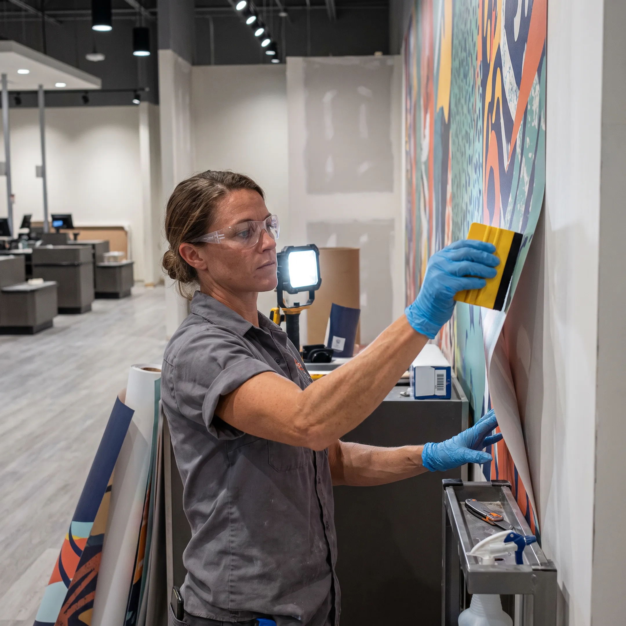 Technician installing a large printed wall graphic in a commercial space
