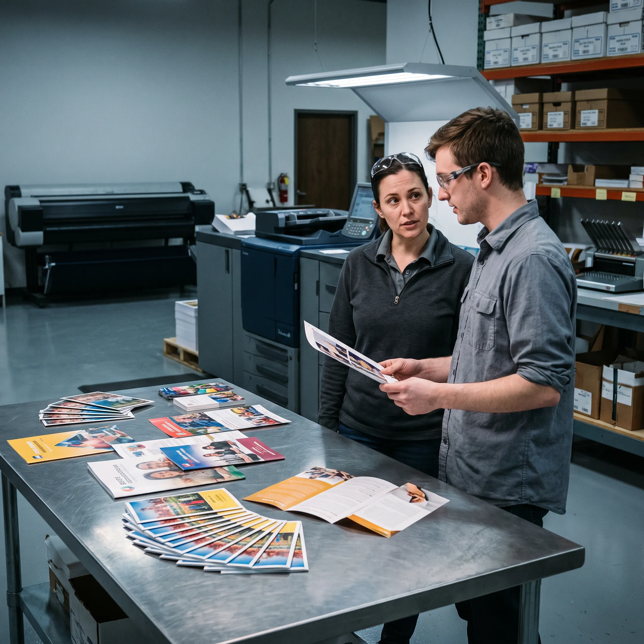 Print professionals reviewing customized marketing materials beside commercial printing equipment