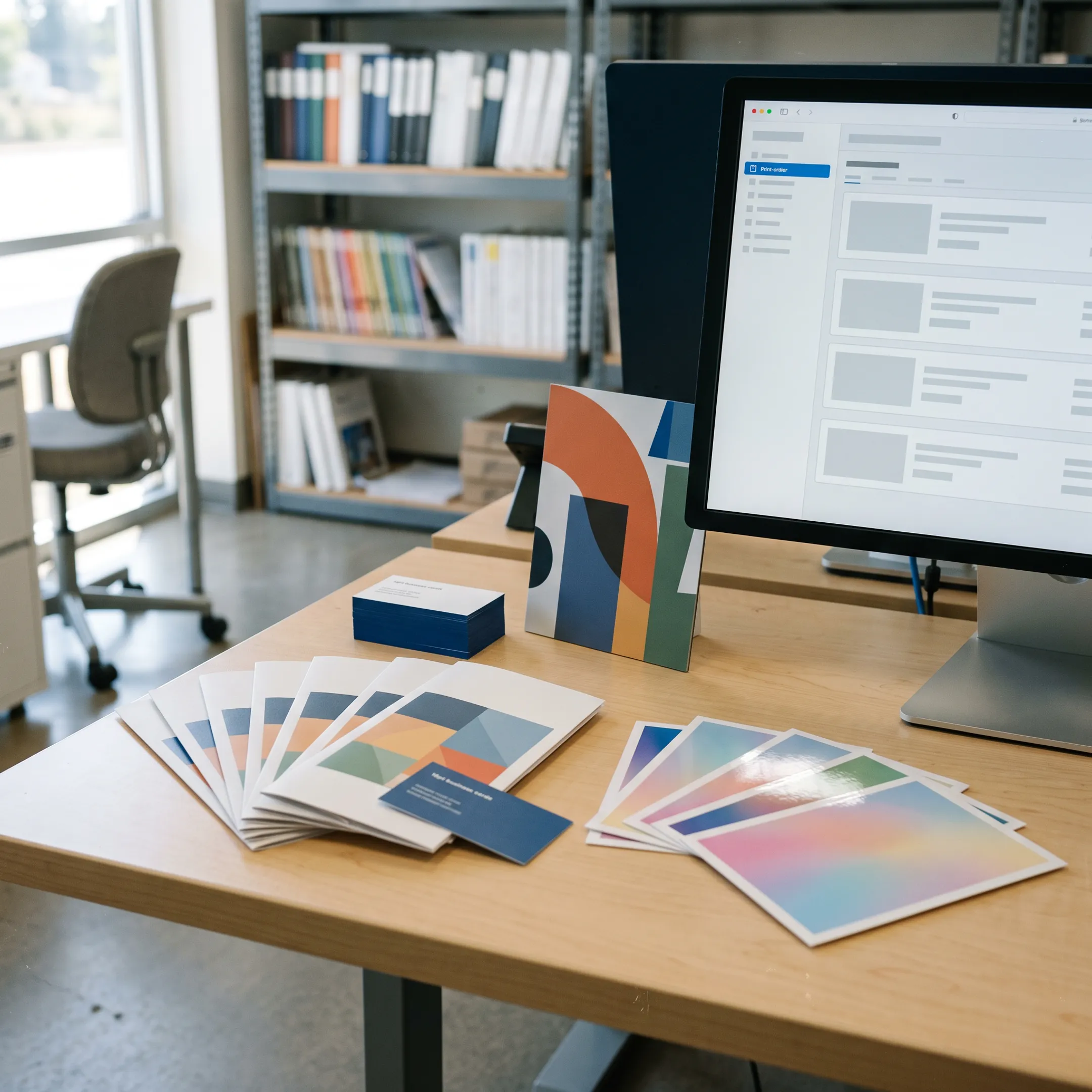 Online custom printing project featuring branded brochures, postcards, and signage prepared for production