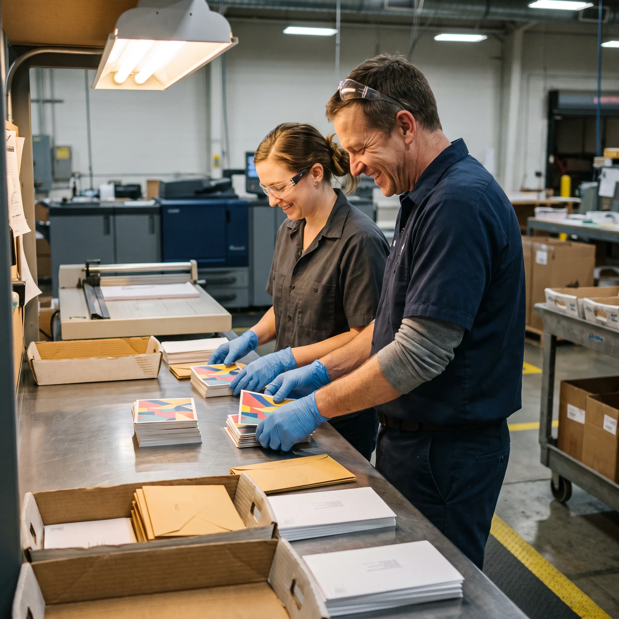 In-house team preparing printed mail pieces for a coordinated mailing campaign