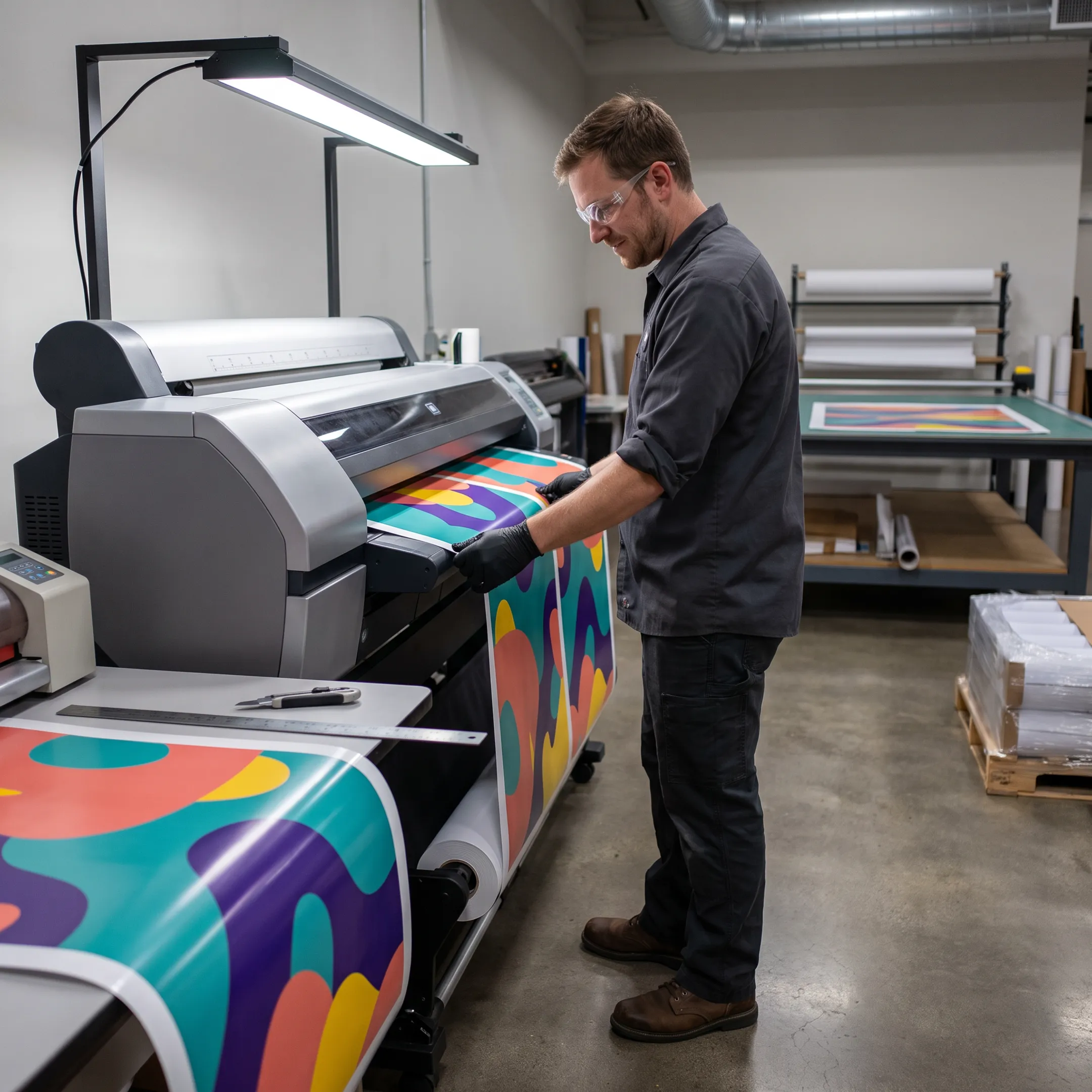 Large format laminated poster being produced in a professional print facility