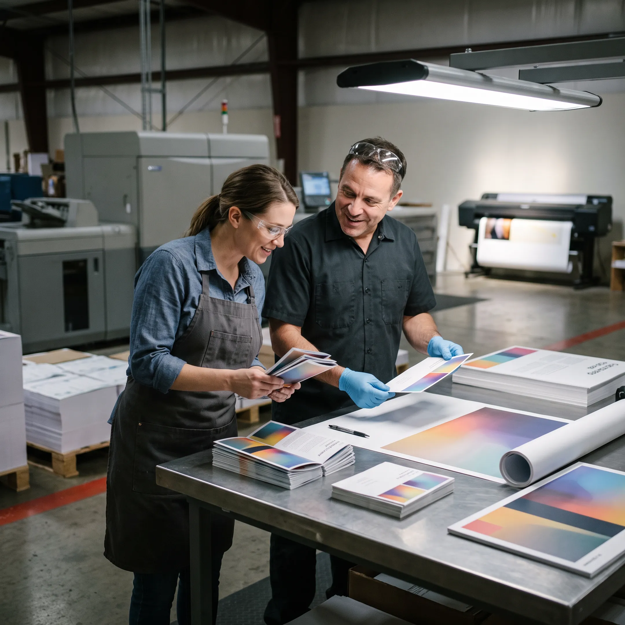 Print production team reviewing finished marketing materials