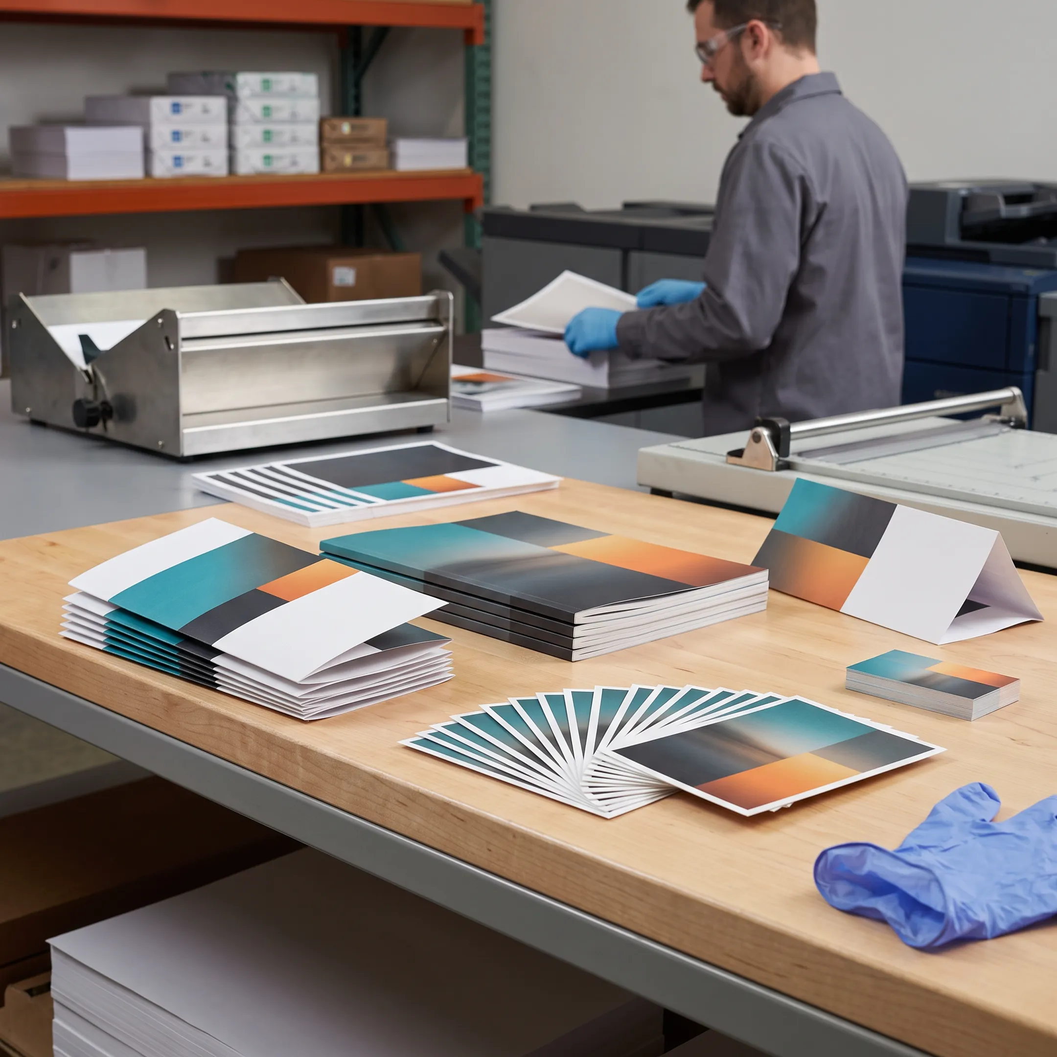 Corporate print materials arranged on a production table