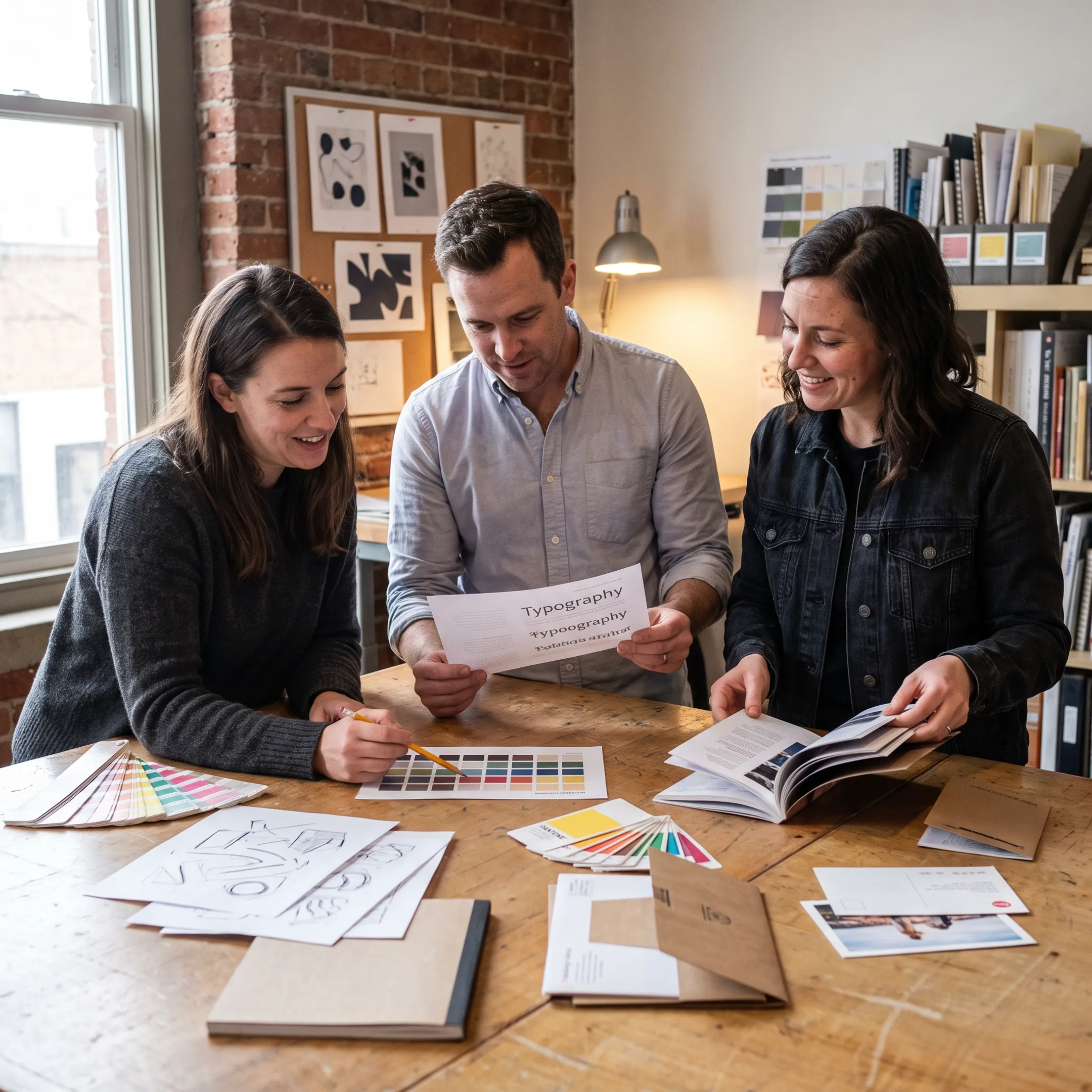 Creative team developing a cohesive brand identity with logo concepts, color palettes, and printed marketing materials