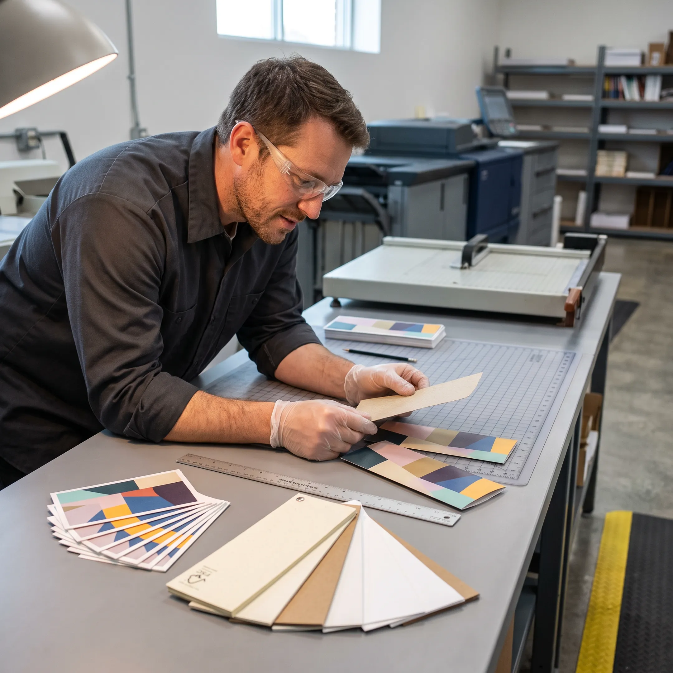 Print professional reviewing sustainable paper samples beside finished marketing materials