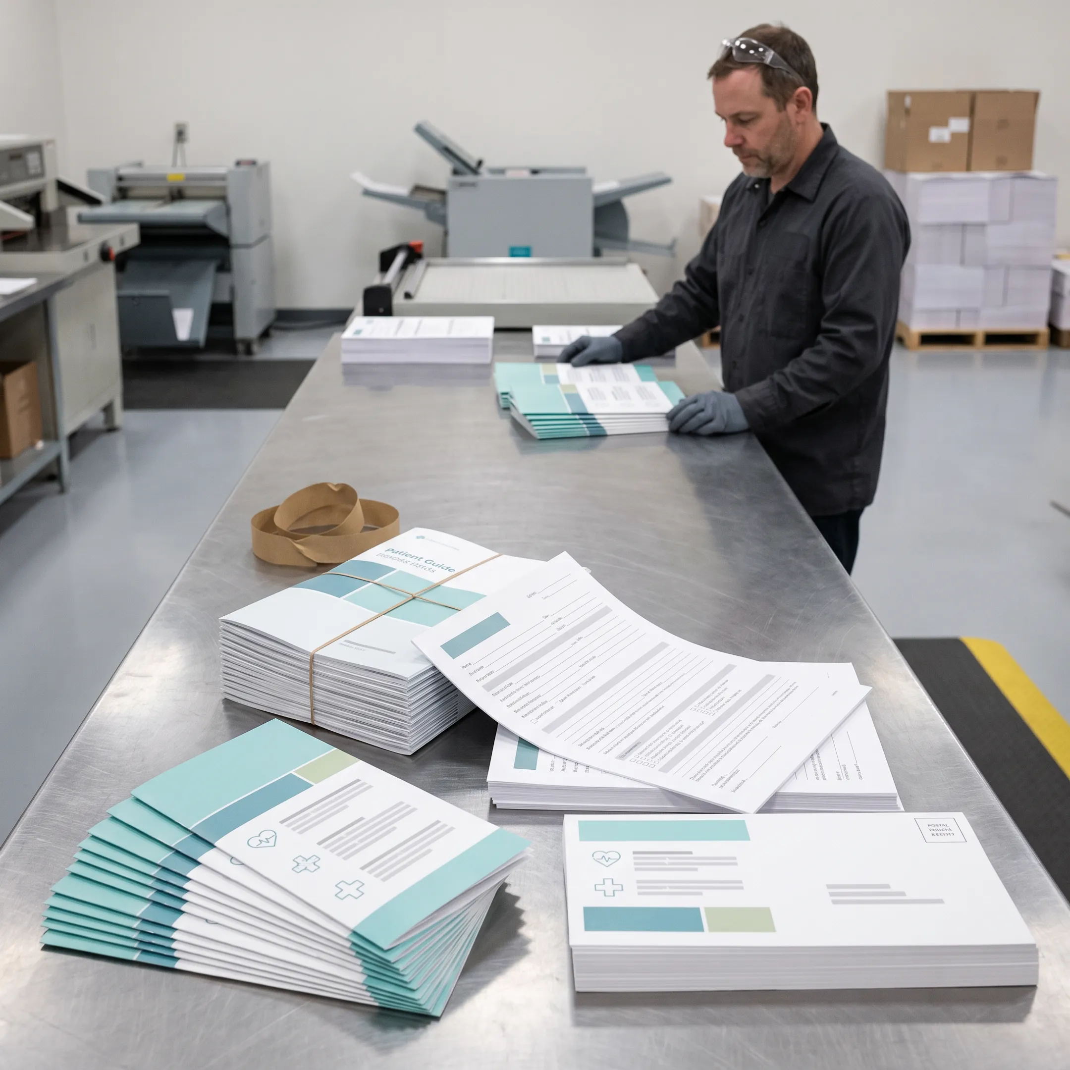 Professionally printed health care brochures and mailers arranged in a production setting