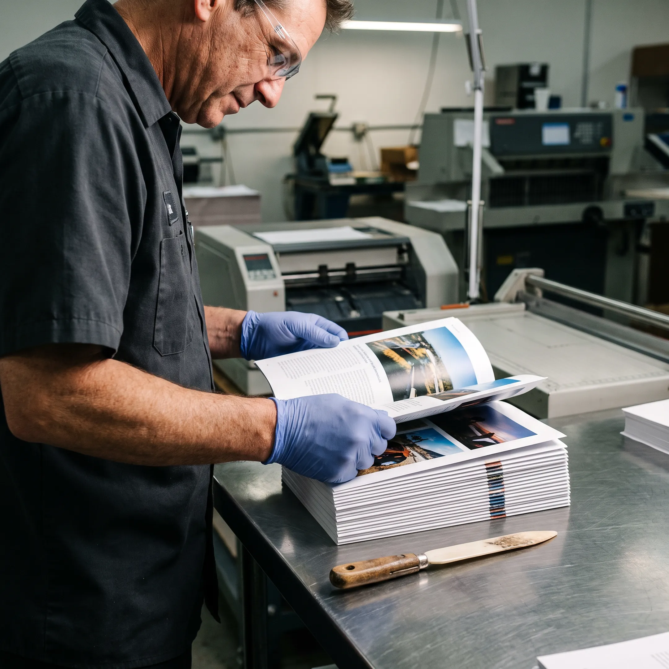 Custom printed books arranged on a production table