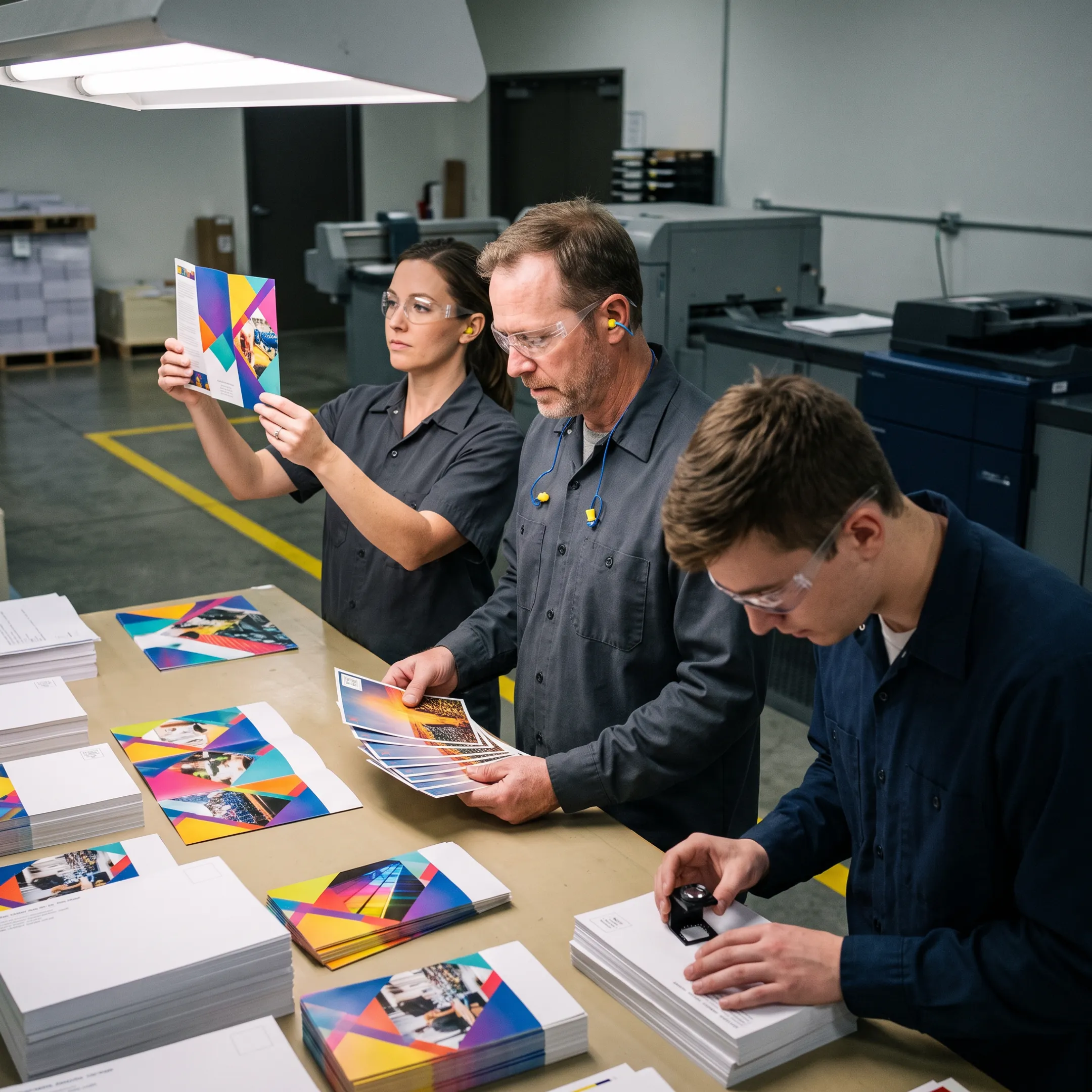Commercial printing team producing branded materials and direct mail
