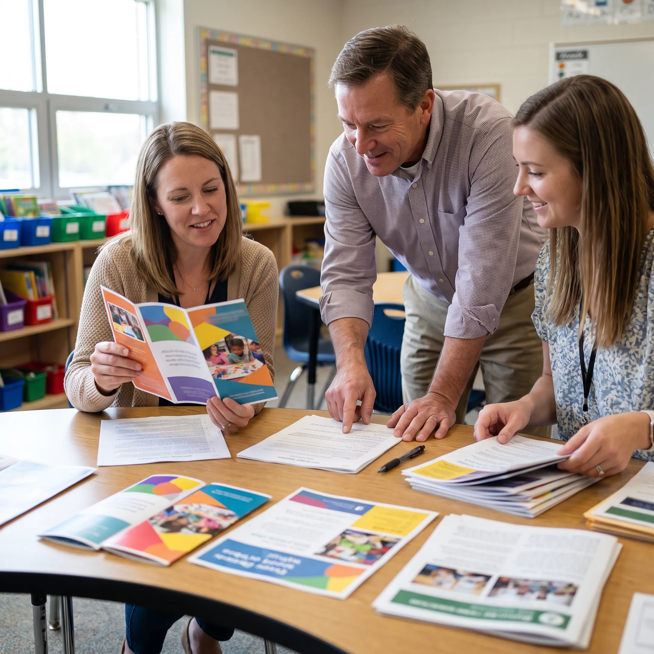 School staff reviewing professionally printed educational materials on a table