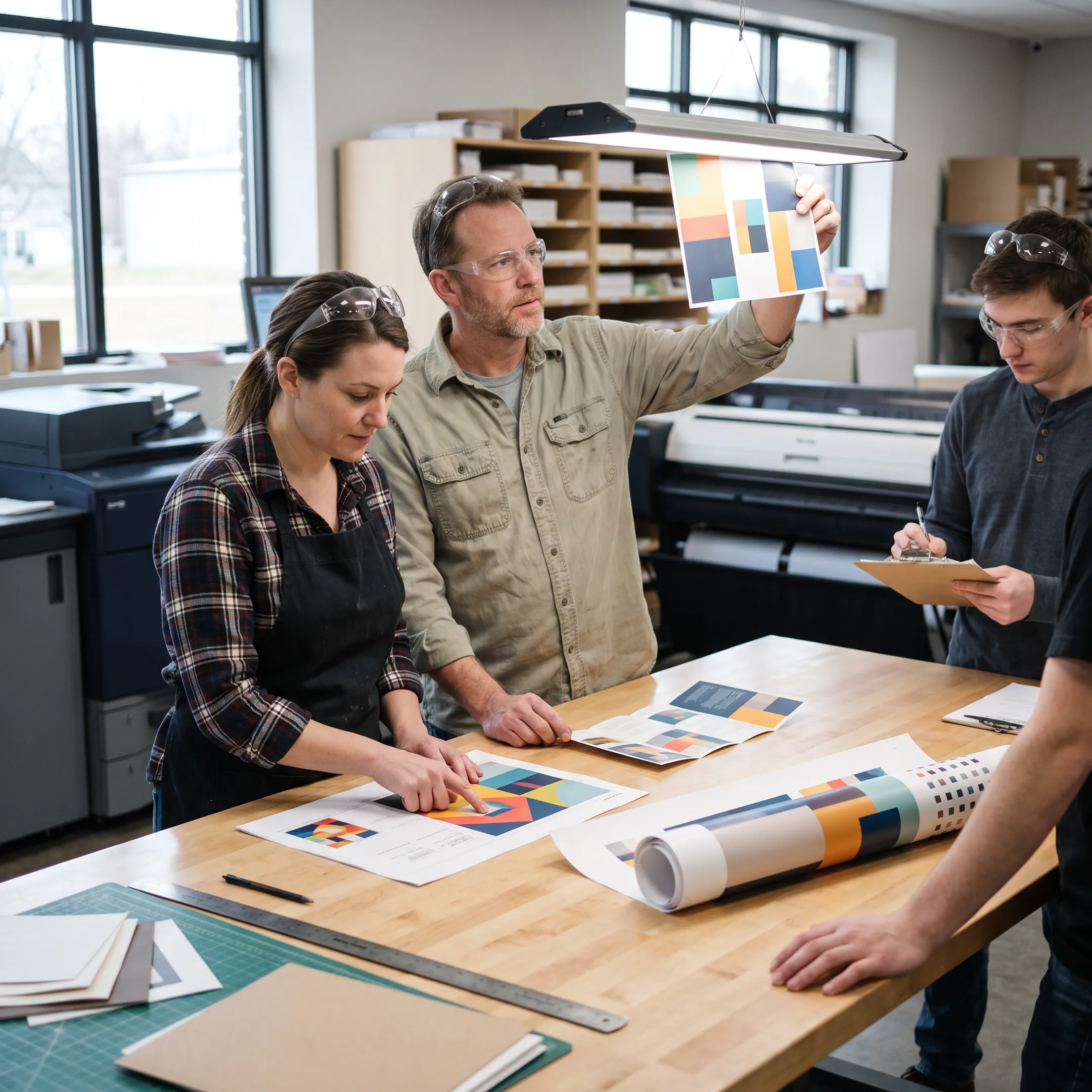 Creative team reviewing branded print materials and large-format graphics