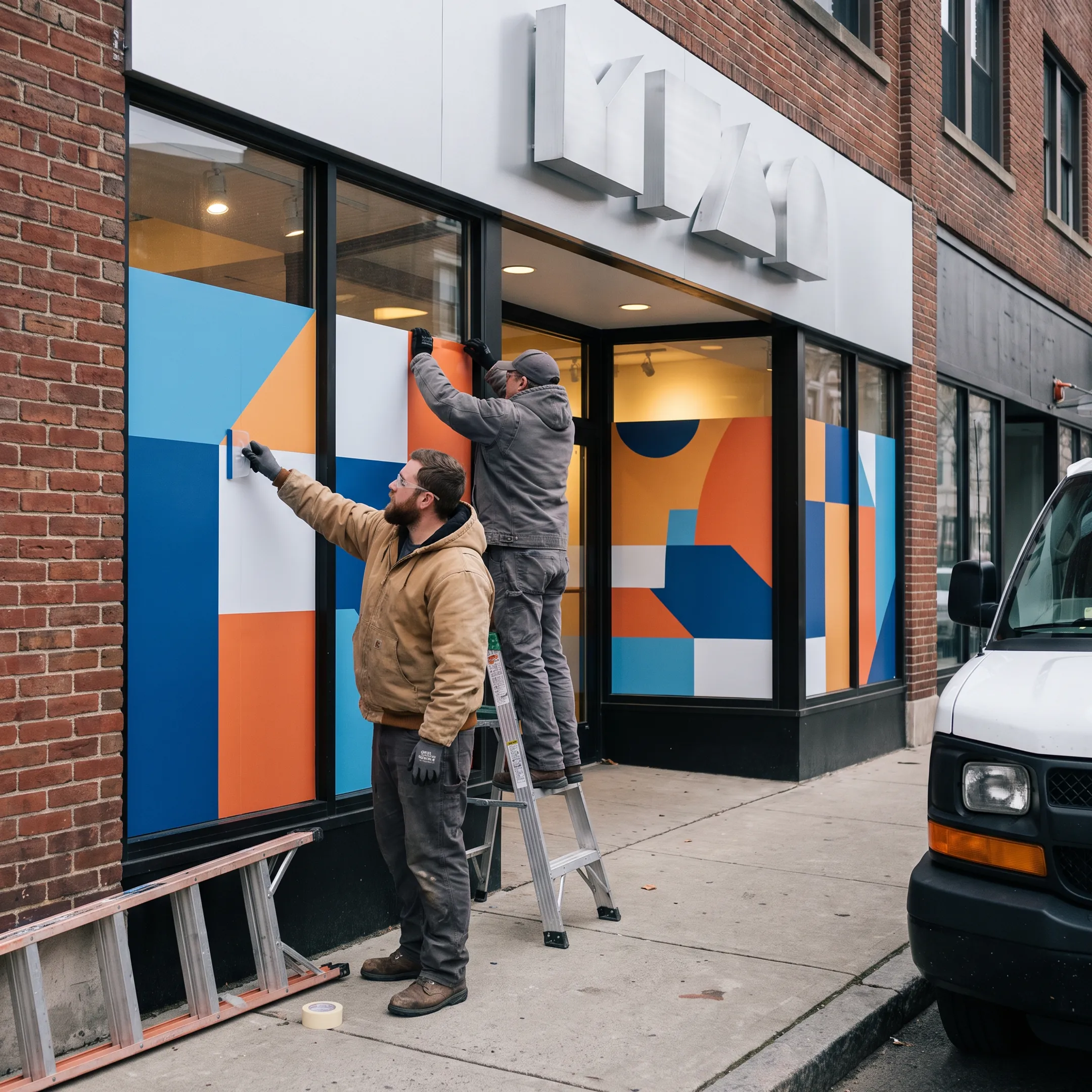 Retail storefront with branded window graphics and interior wall mural