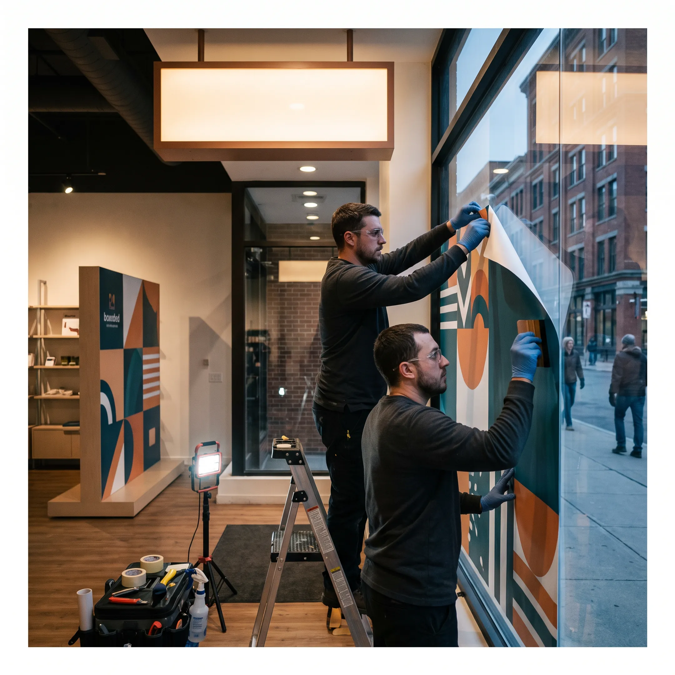 Retail storefront featuring custom window graphics, signage, and branded displays