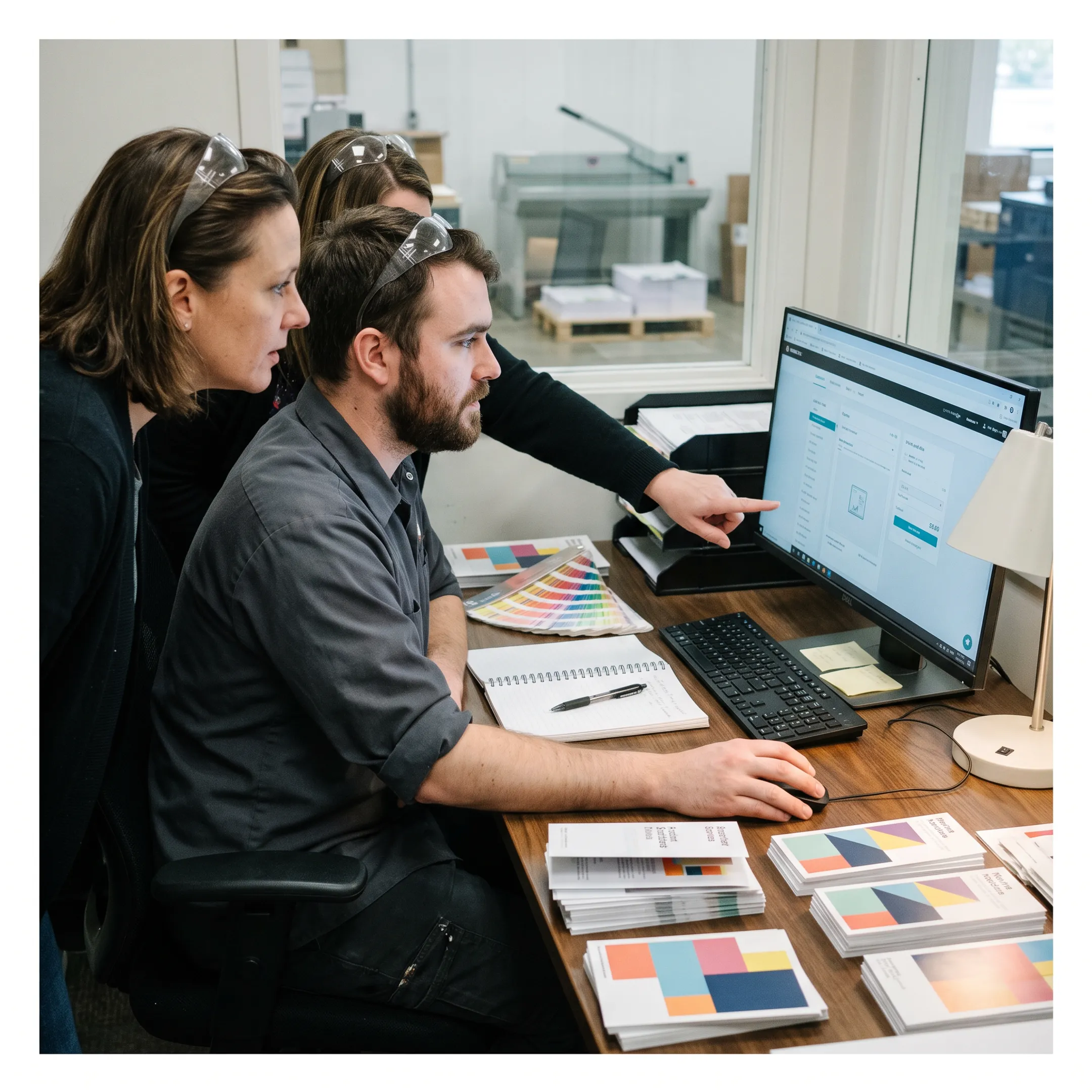 Employee managing a branded web-to-print portal alongside printed marketing materials