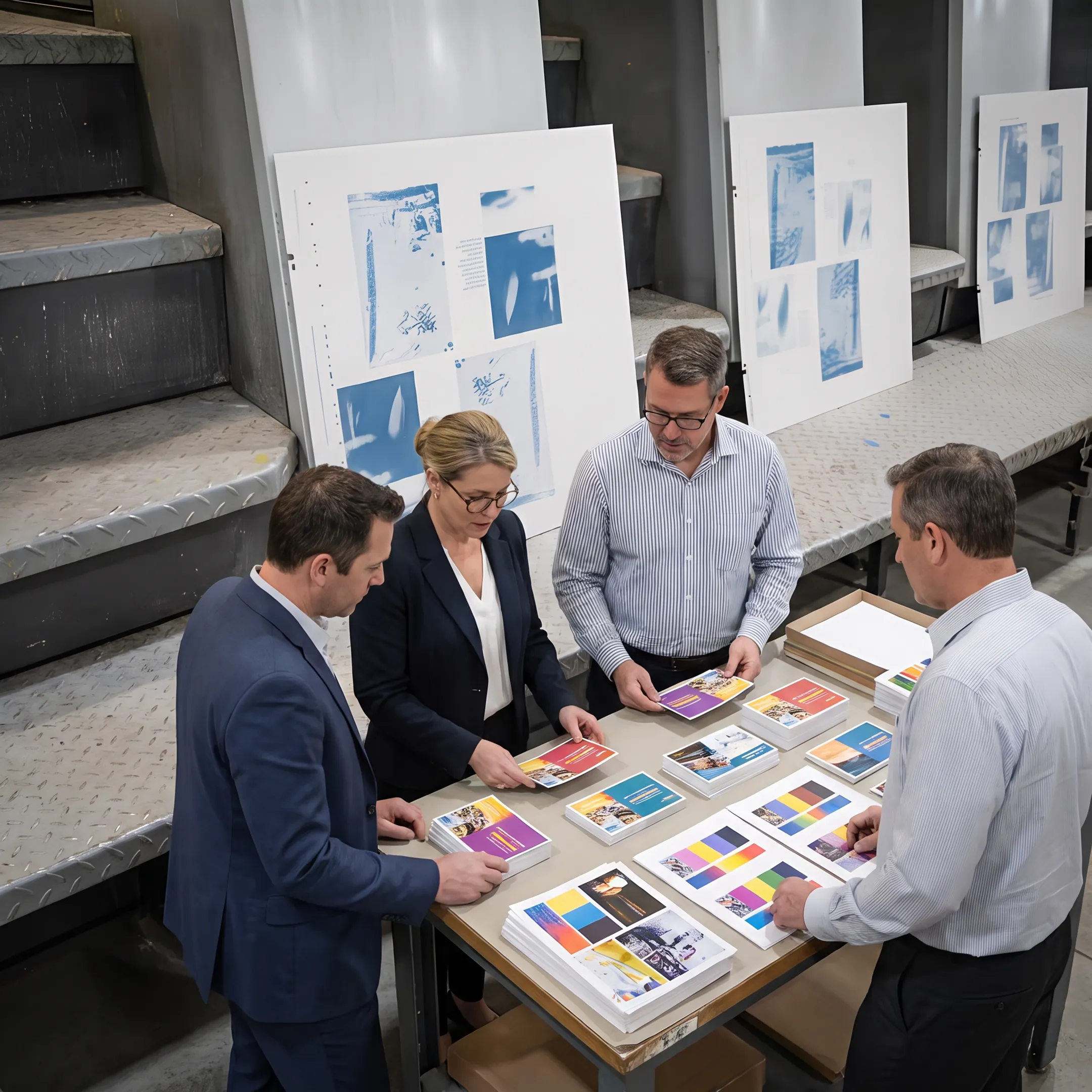 Printed direct mail postcards being reviewed by a production team