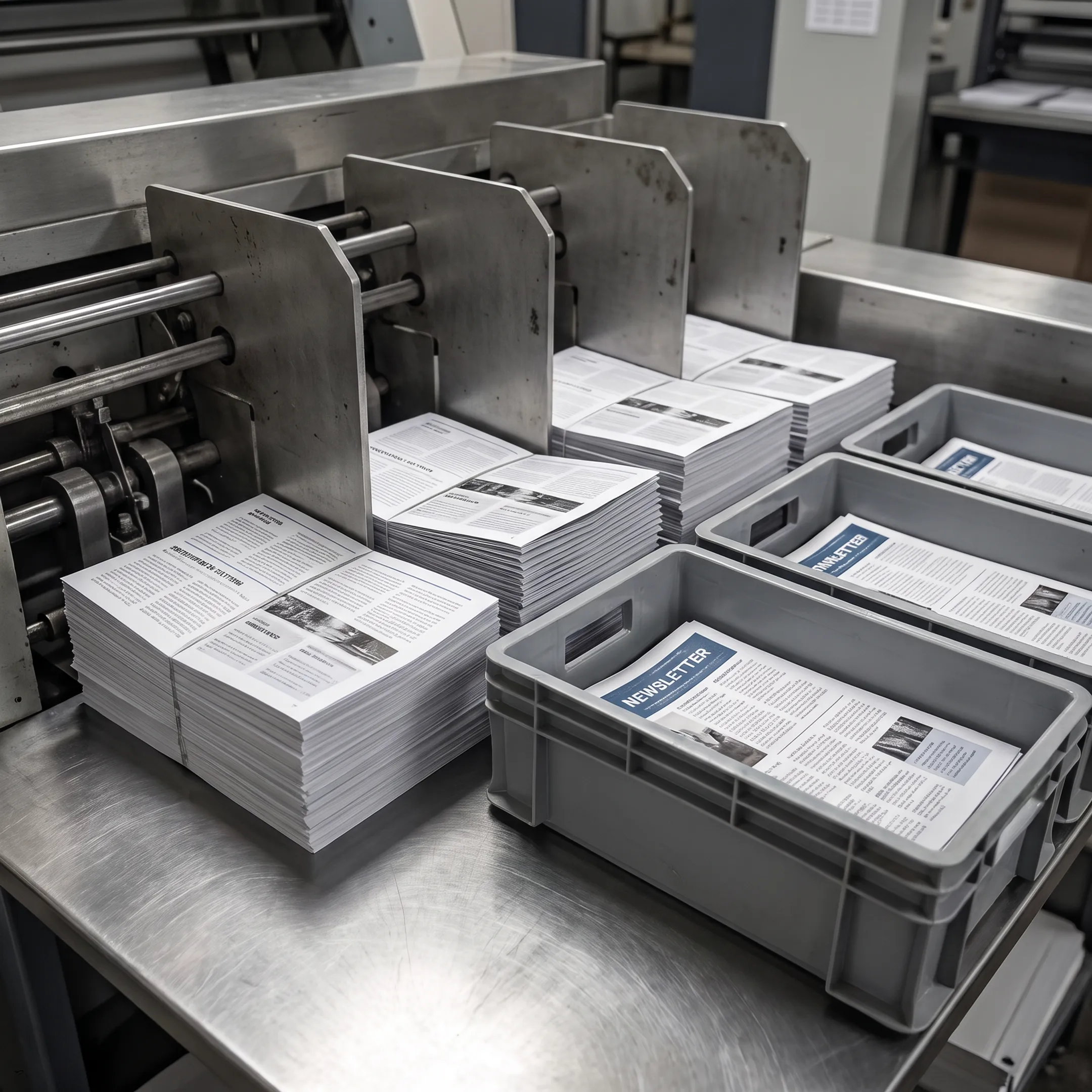 Custom newsletters being folded, addressed, and prepared for USPS mailing