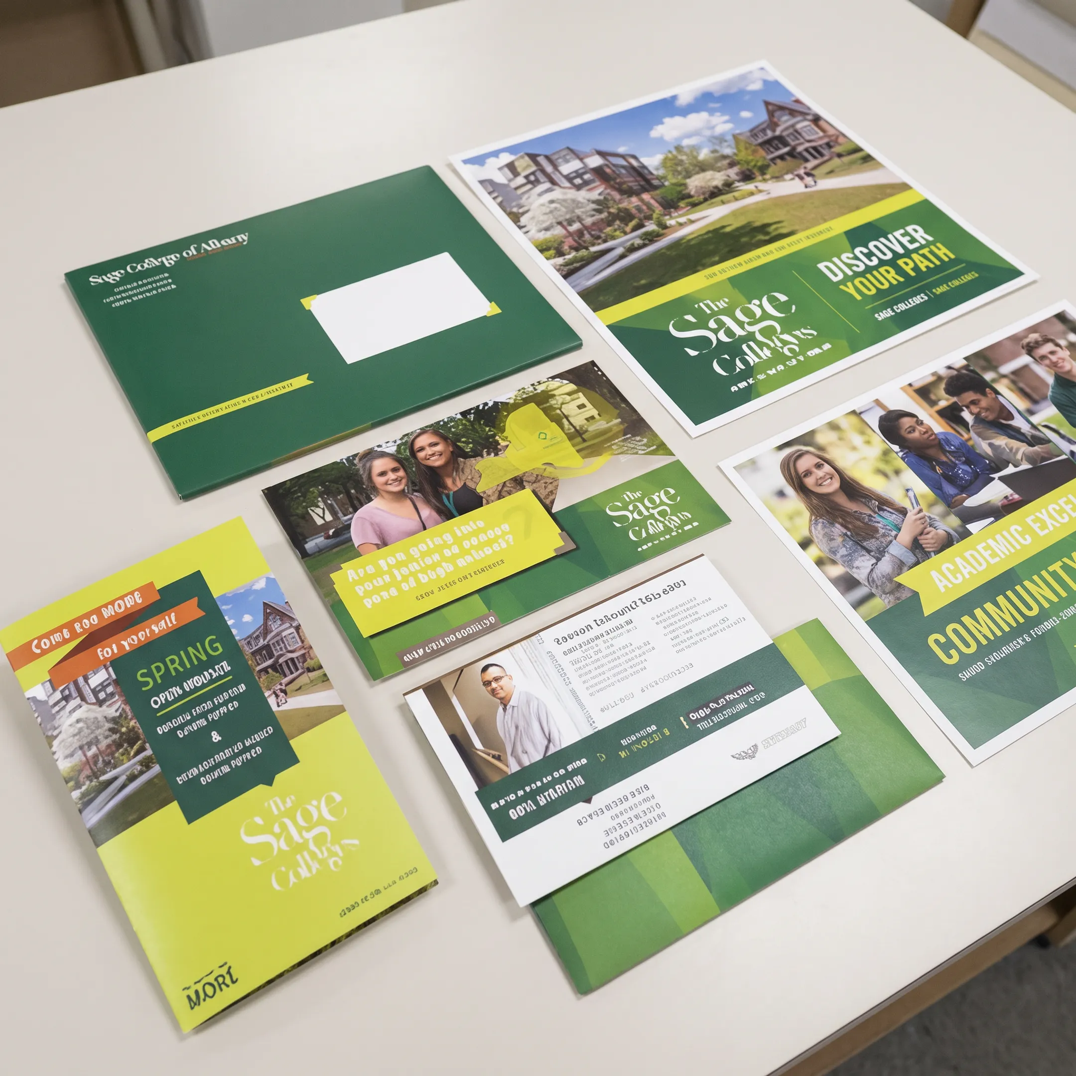 Printed marketing campaign materials arranged for review