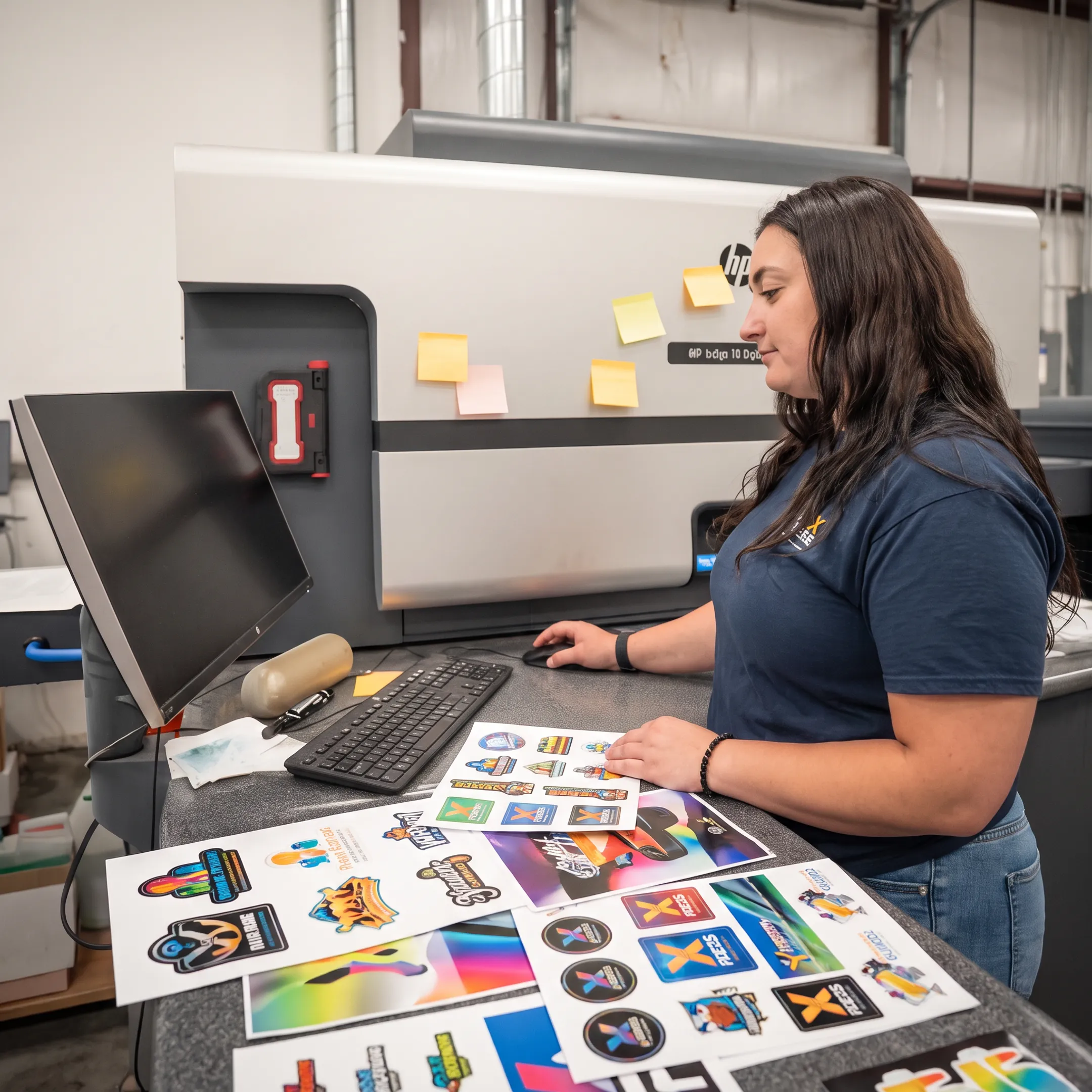 Custom branded vinyl stickers being reviewed beside design materials