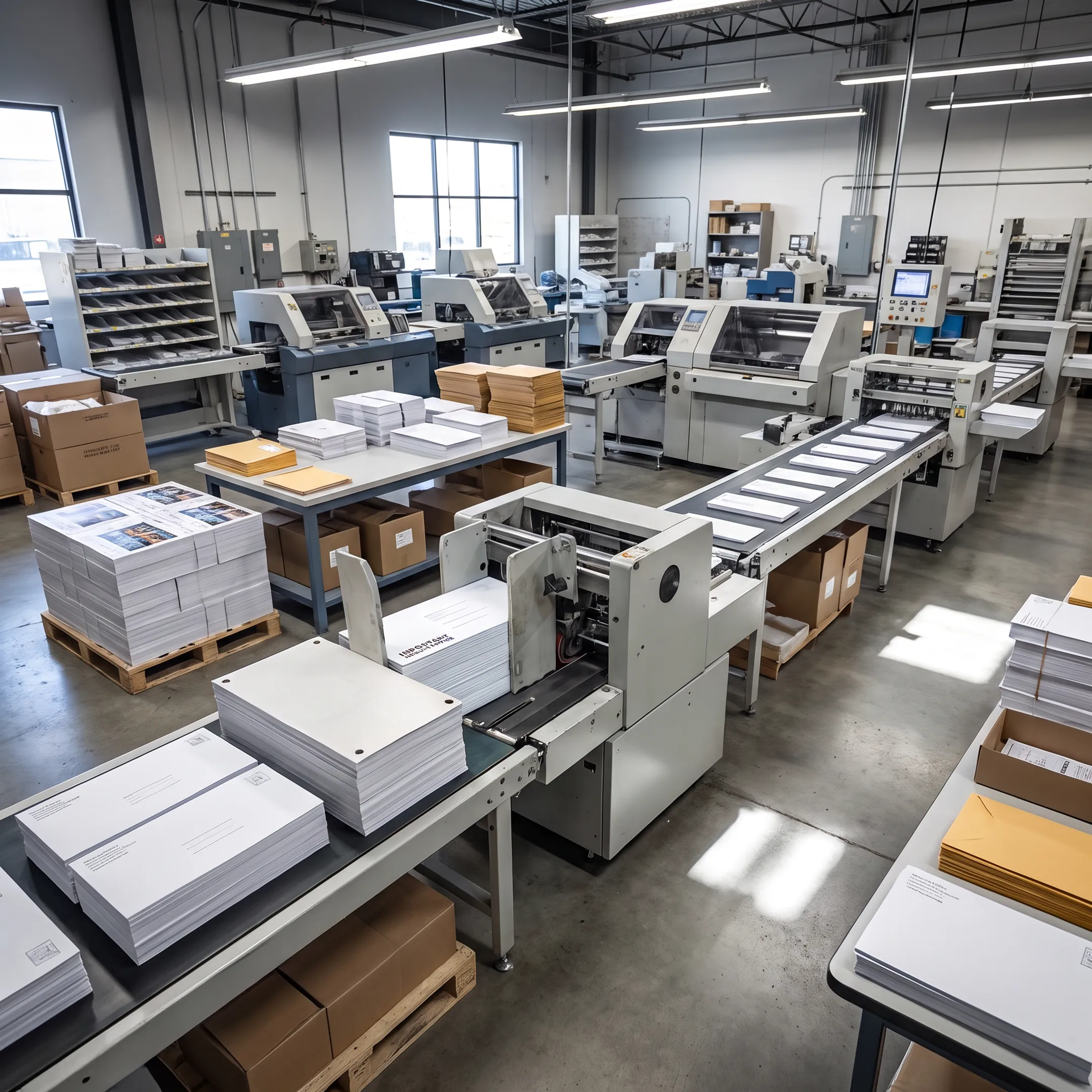 Personalized corporate mailers moving through an integrated print and mailing workflow