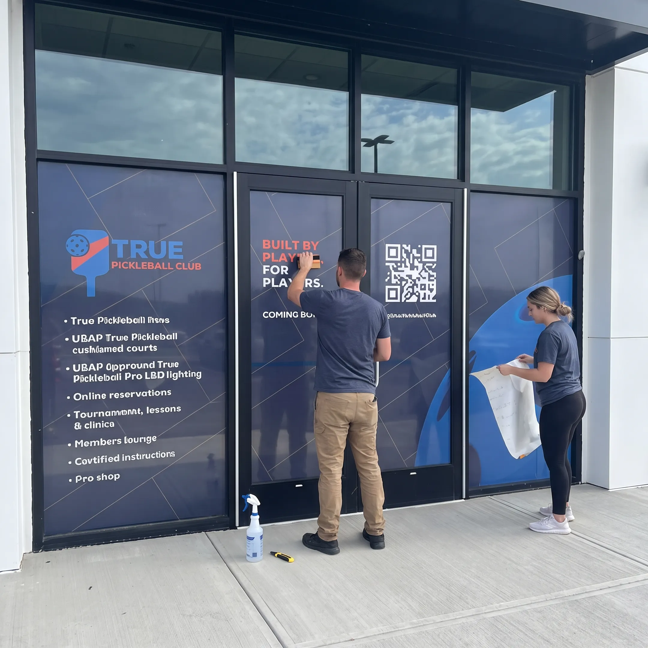 Team installing custom graphics on commercial windows