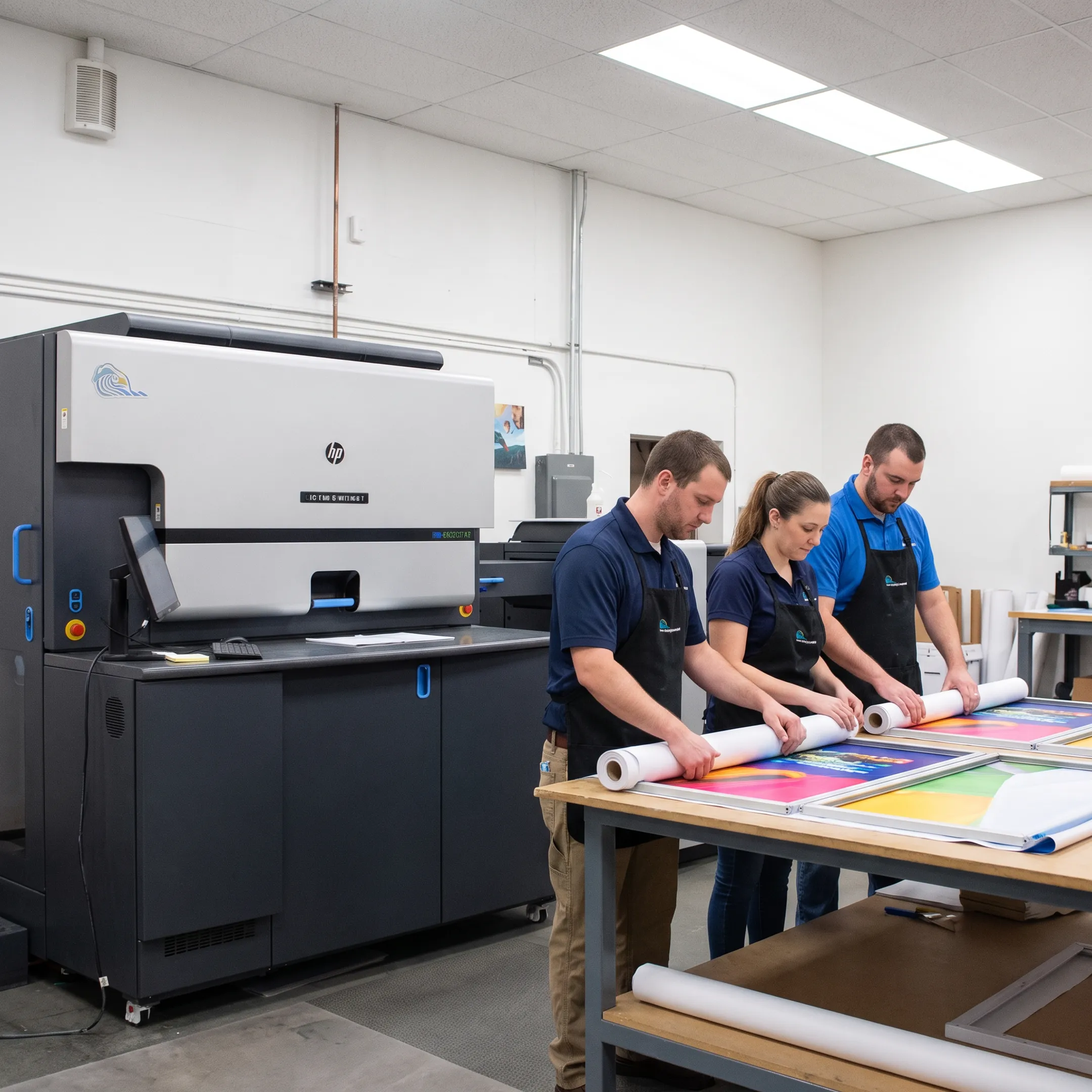 Team producing branded tension fabric display graphics