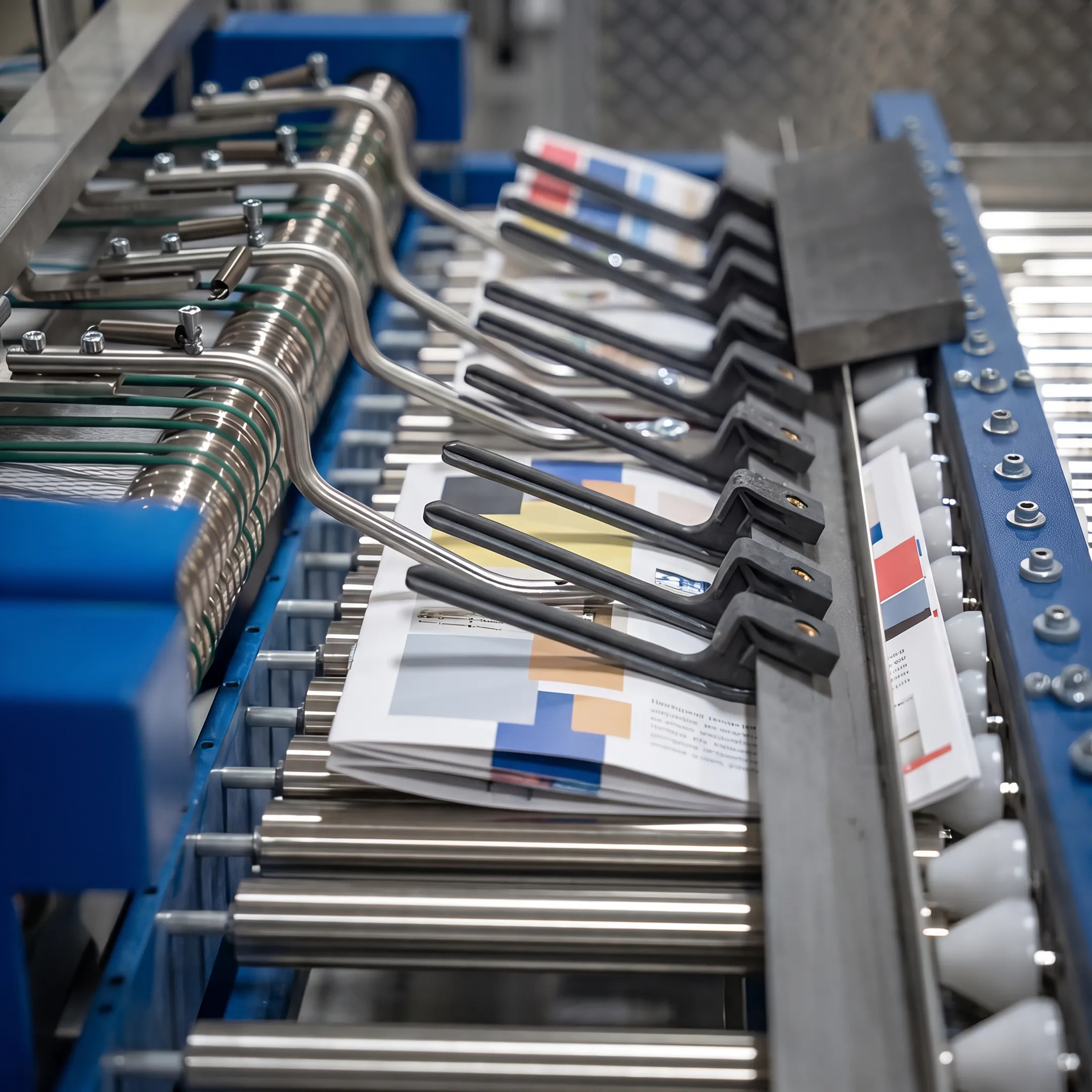 Printed marketing materials moving through commercial print and finishing production