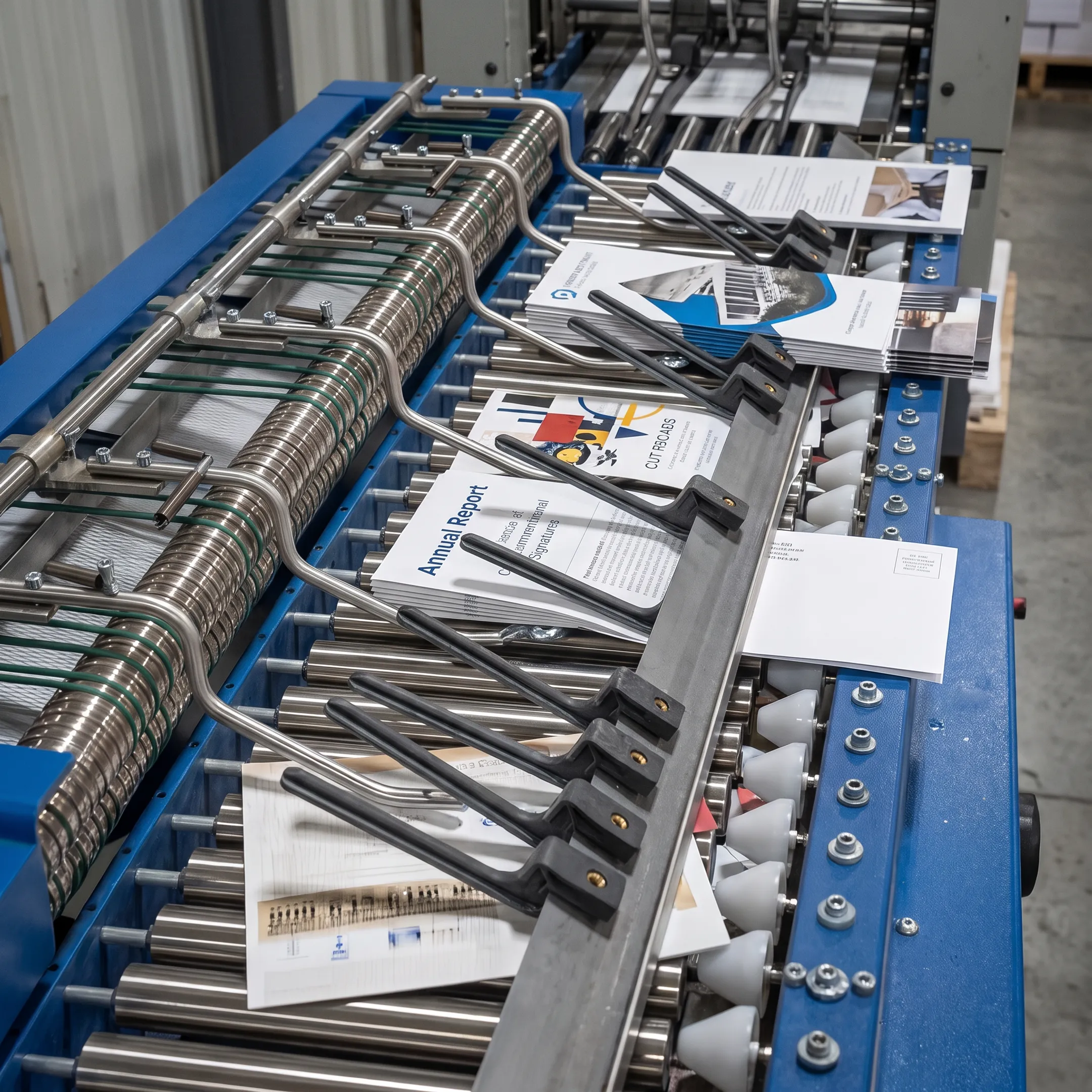 Printed brochures and direct mail materials being finished in a commercial print facility