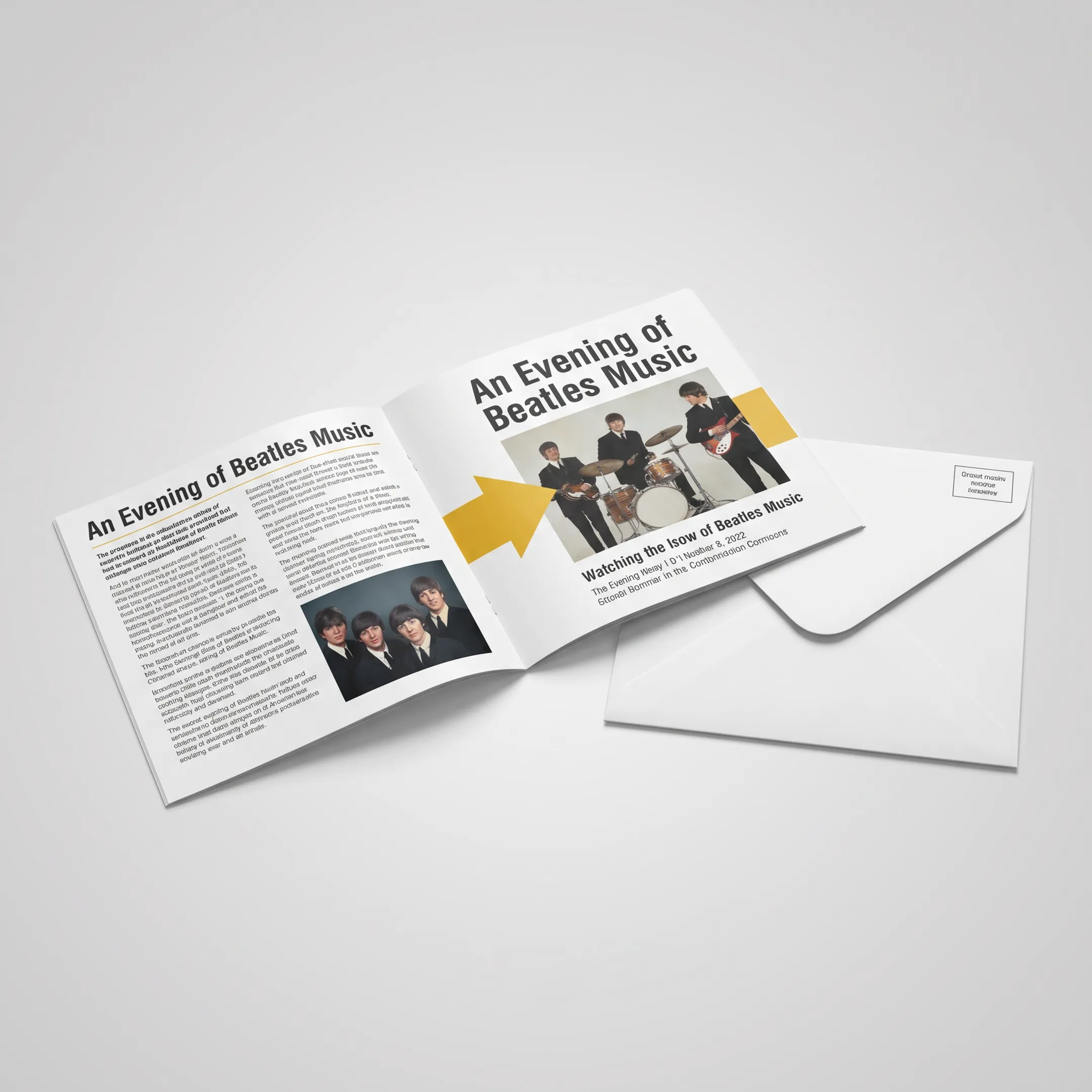 Close-up of a printed booklet mailer with a matching branded envelope