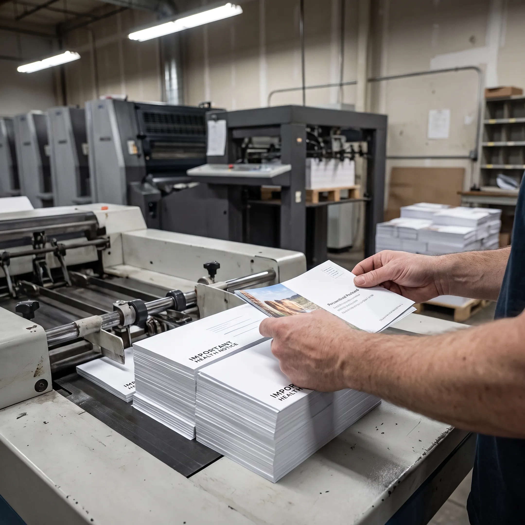 Personalized direct mail pieces moving through an integrated print and mailing workflow
