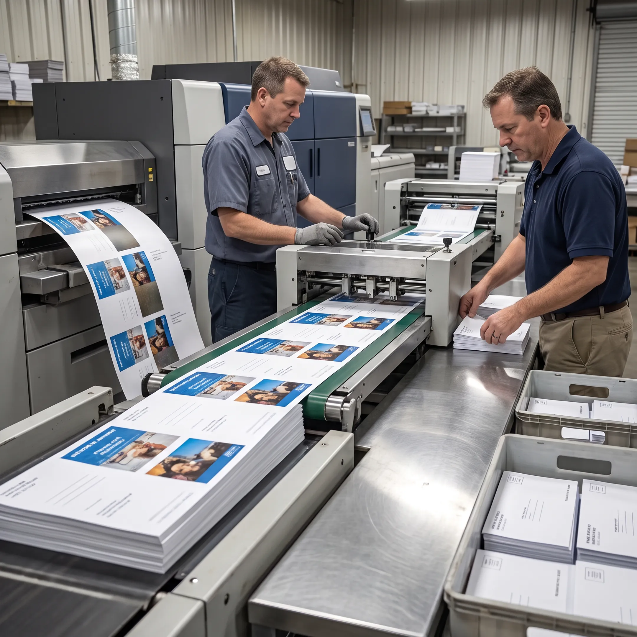 Personalized printed mailers moving through an in-house production workflow