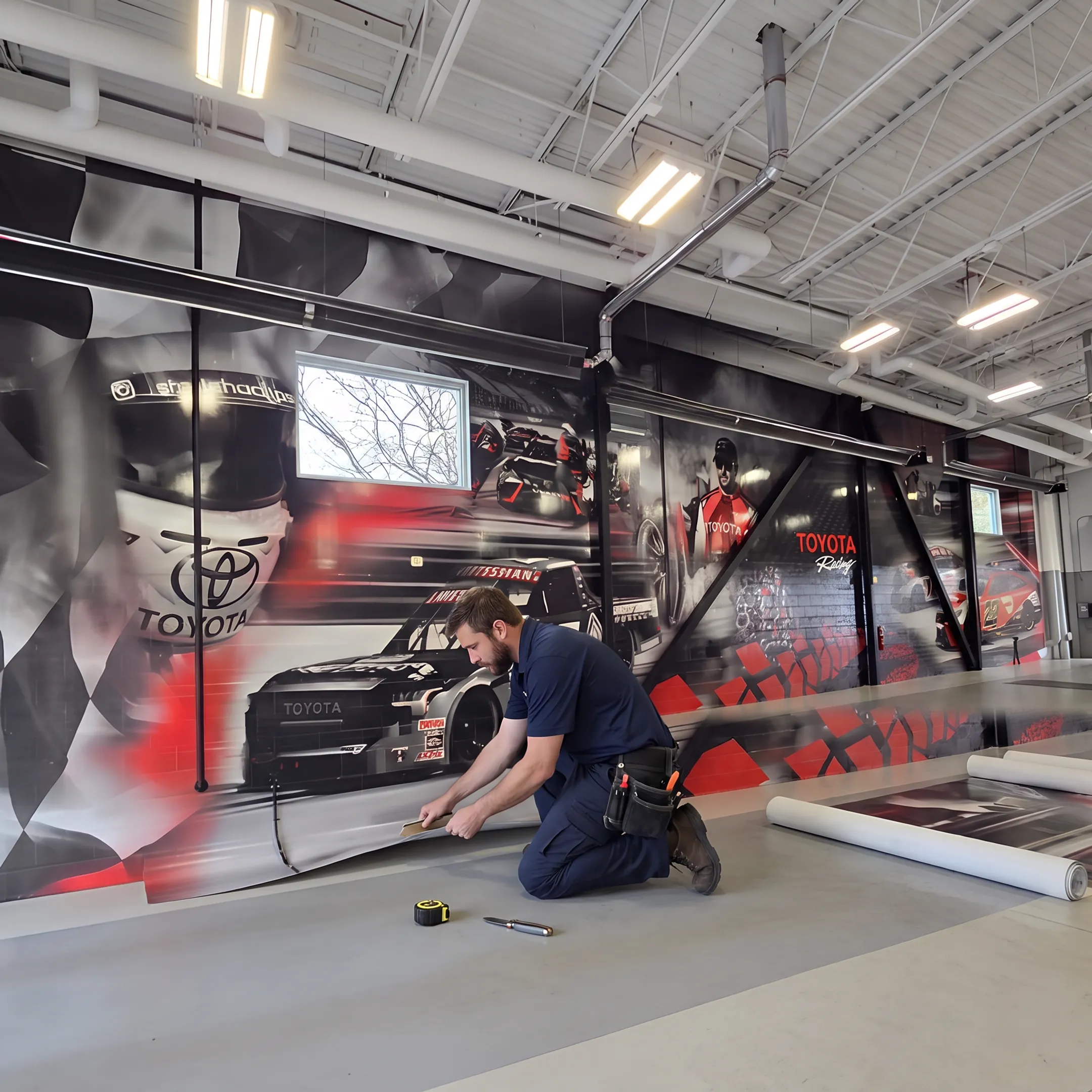 Technician installing branded wall graphics in a commercial space