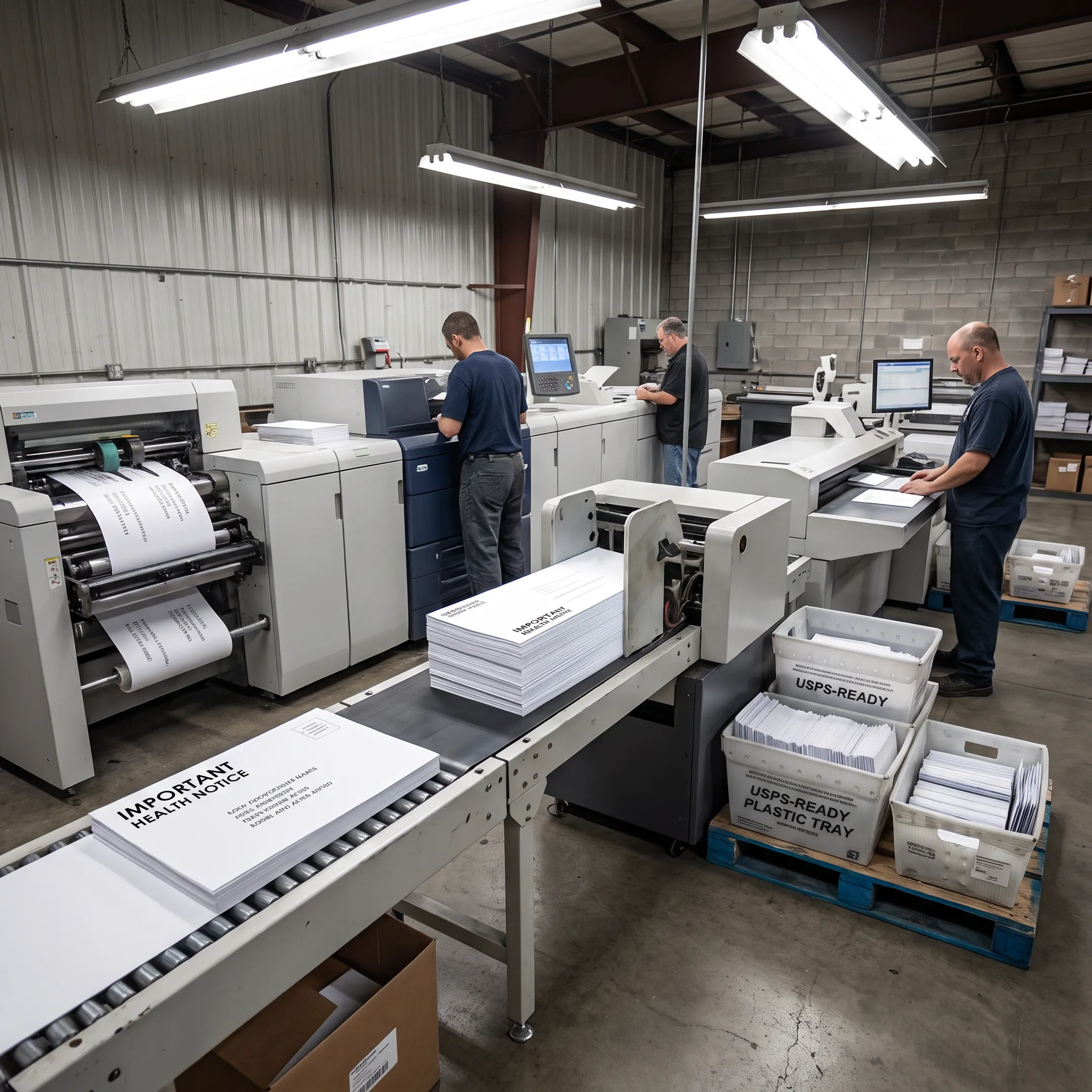 Personalized direct mail pieces moving through in-house fulfillment