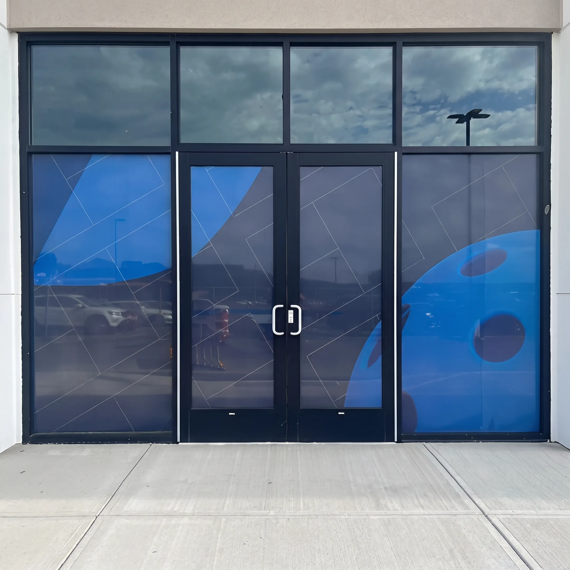 Printed vinyl window graphics displayed in a commercial interior