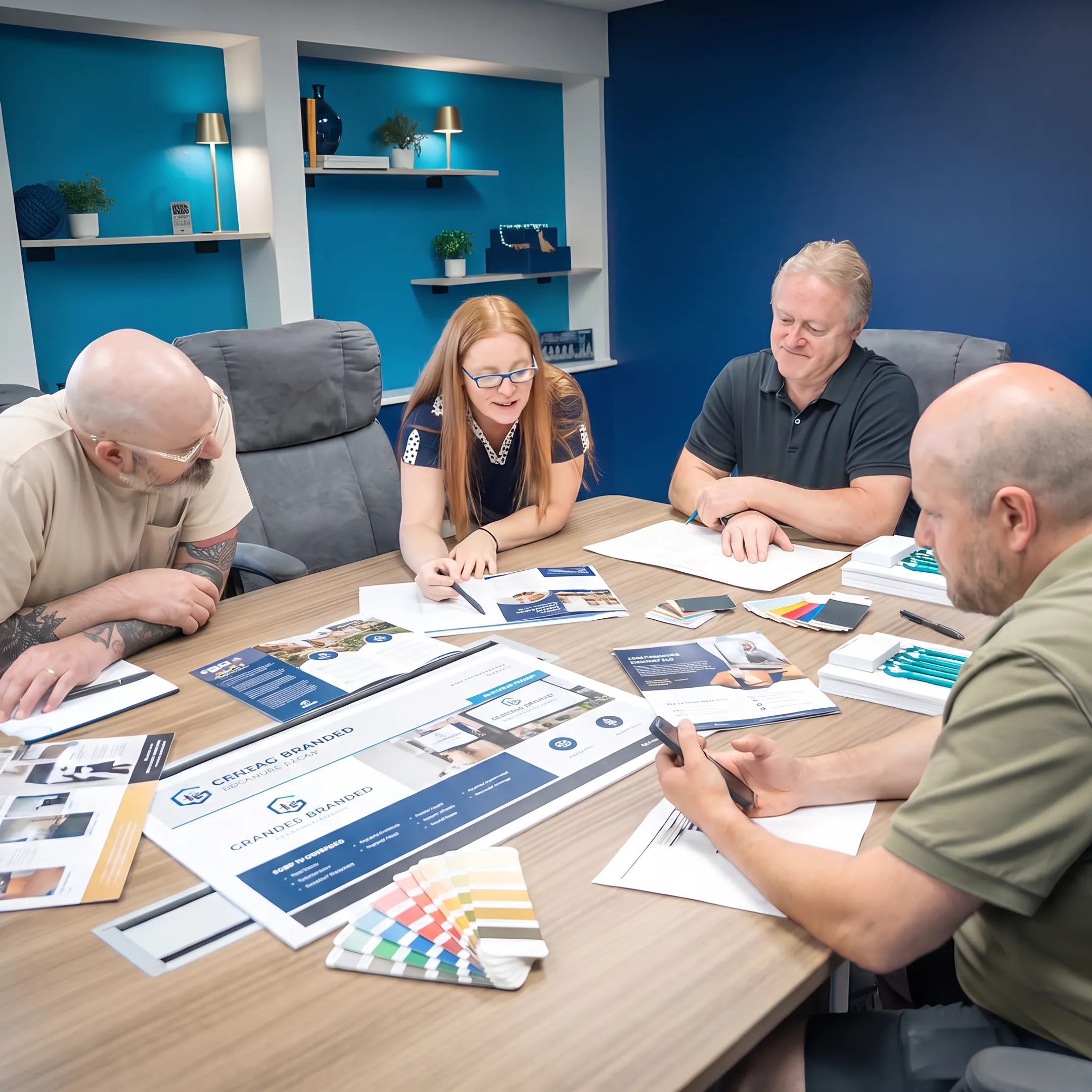 Creative team developing branded graphics and printed marketing materials