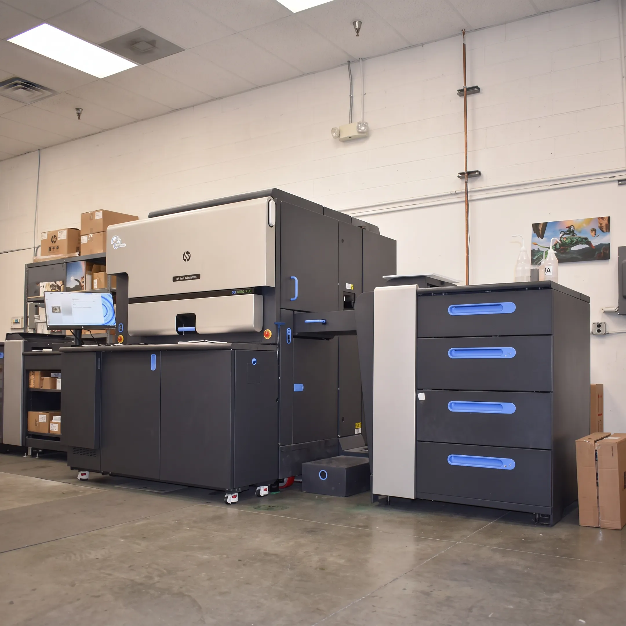 Direct mail postcards being personalized, sorted, and prepared for USPS delivery