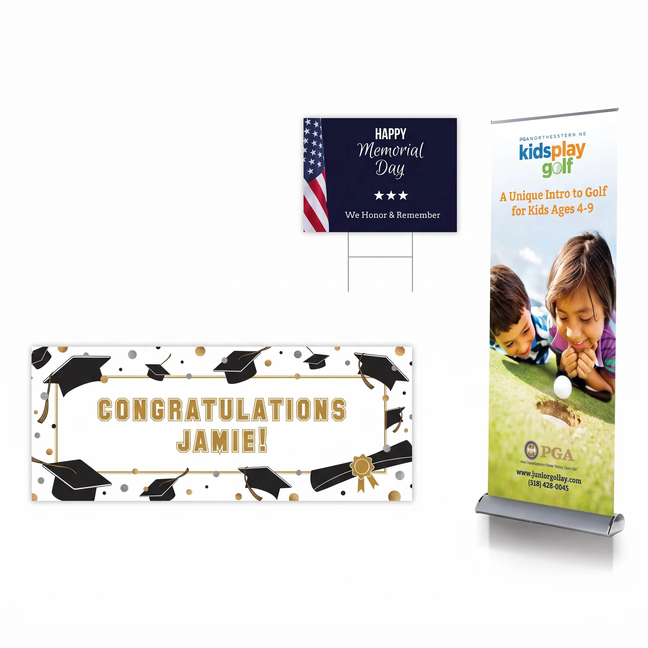 Large format printer producing colorful graphics beside finished signage and wall displays