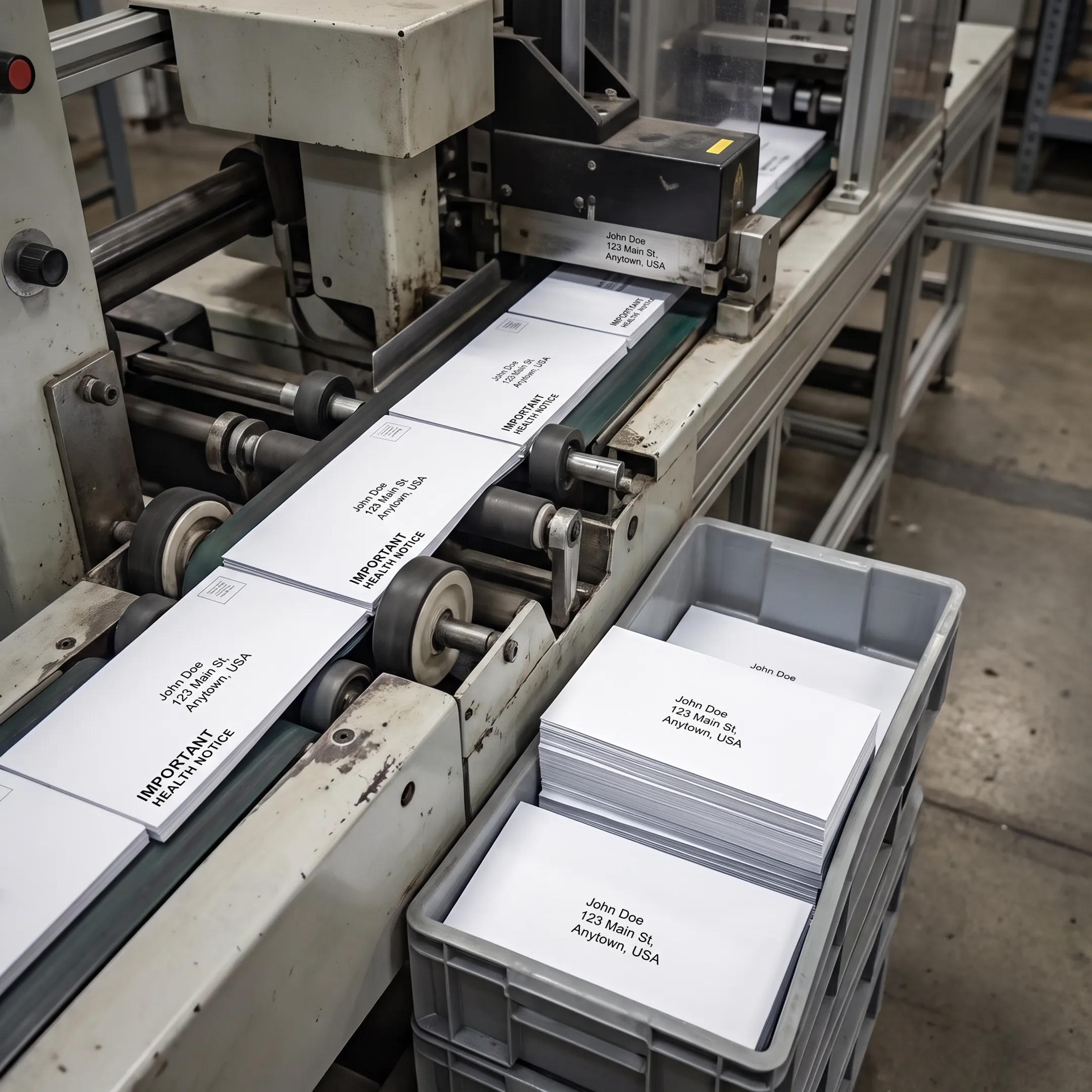 Personalized insurance mailers being prepared for USPS processing