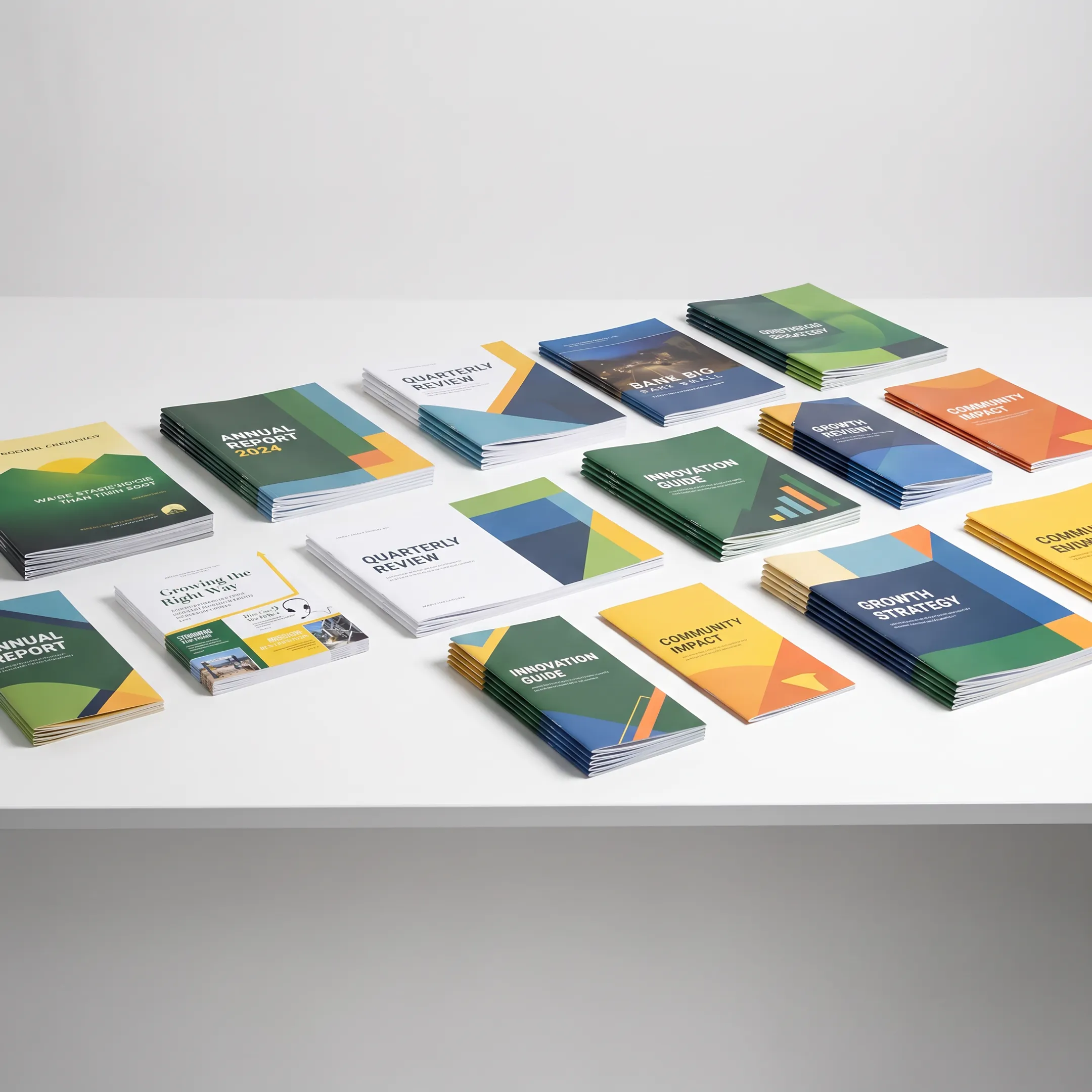 Custom printed booklets arranged on a professional print production table