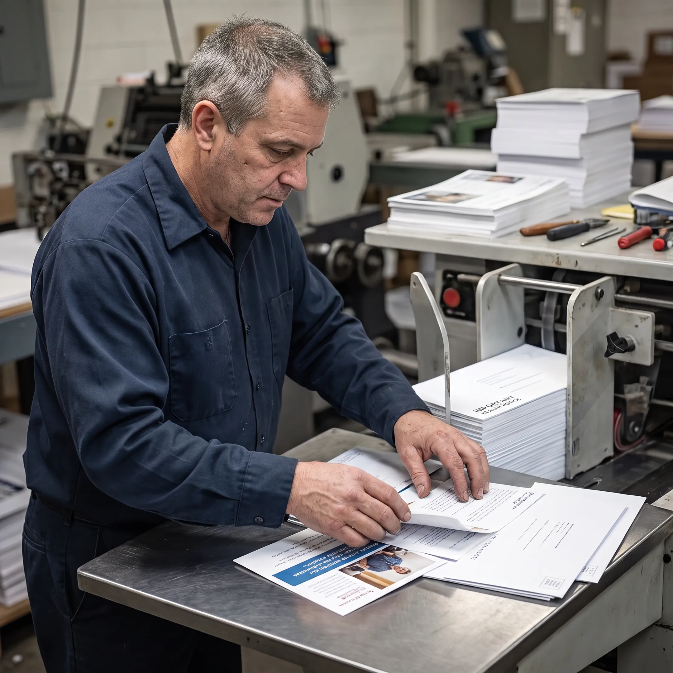 Team member reviewing personalized direct mail pieces before fulfillment