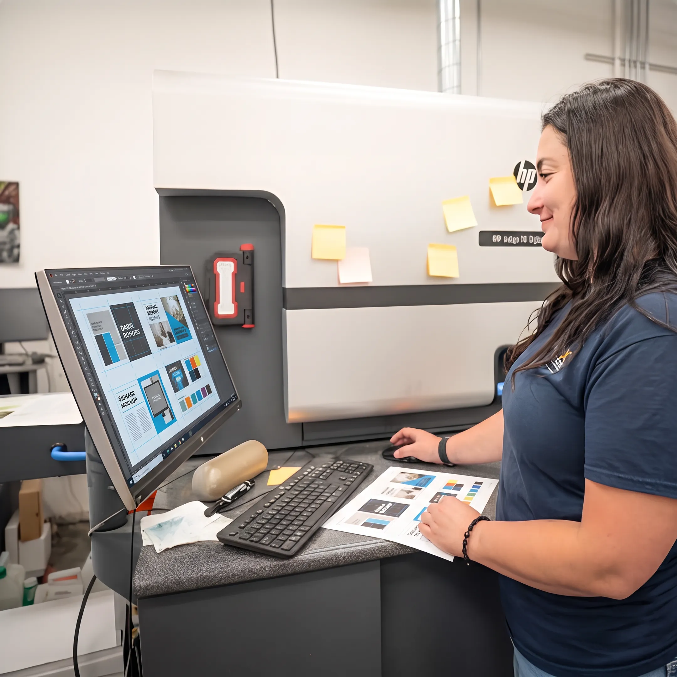 Designer preparing branded print and digital materials for production