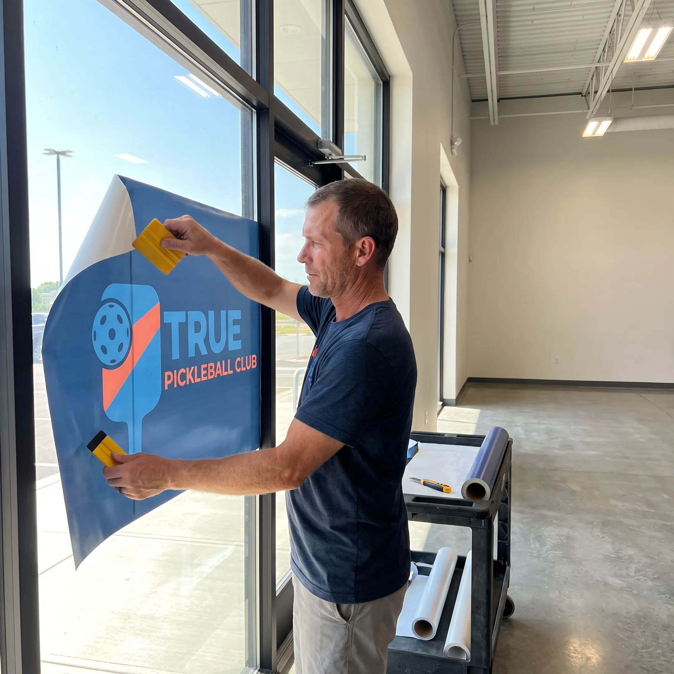 Installer applying custom printed graphics to commercial windows