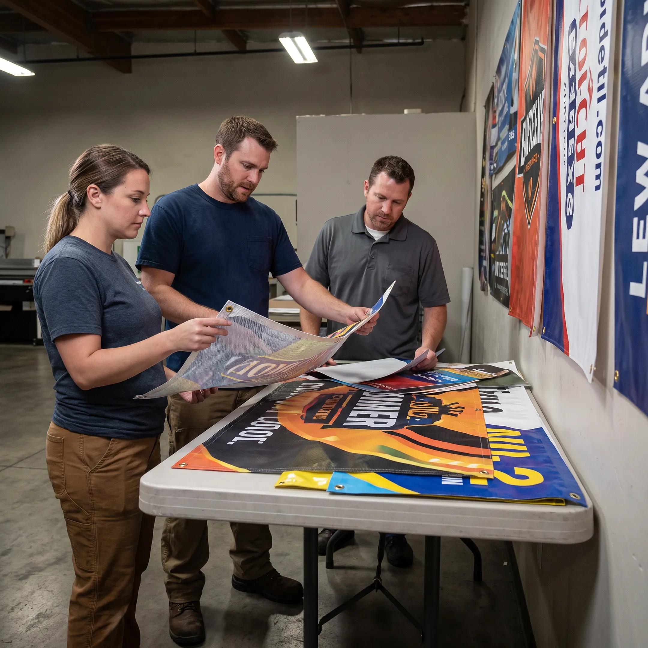 Team member reviewing custom fence banner artwork before production