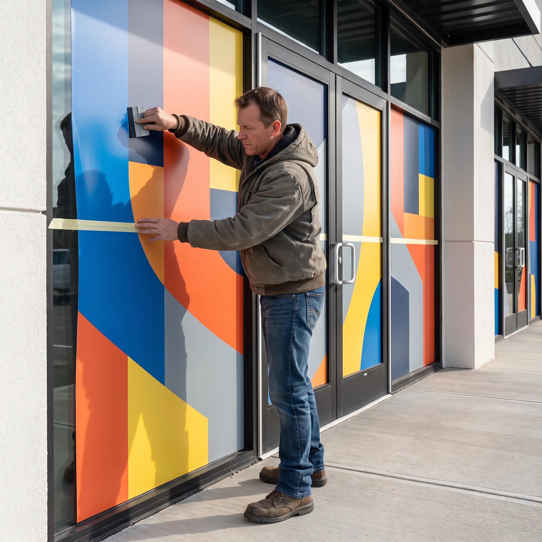 Installer applying branded vinyl graphics to commercial windows