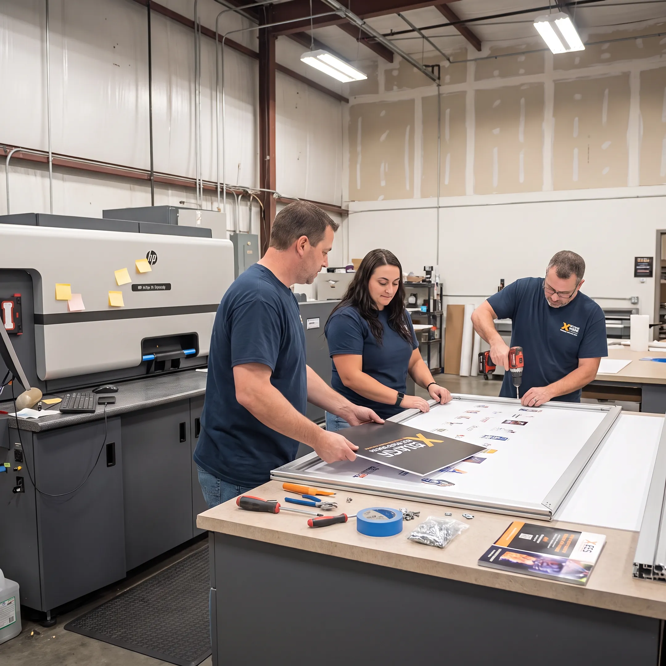 Production team preparing a branded event backdrop for installation