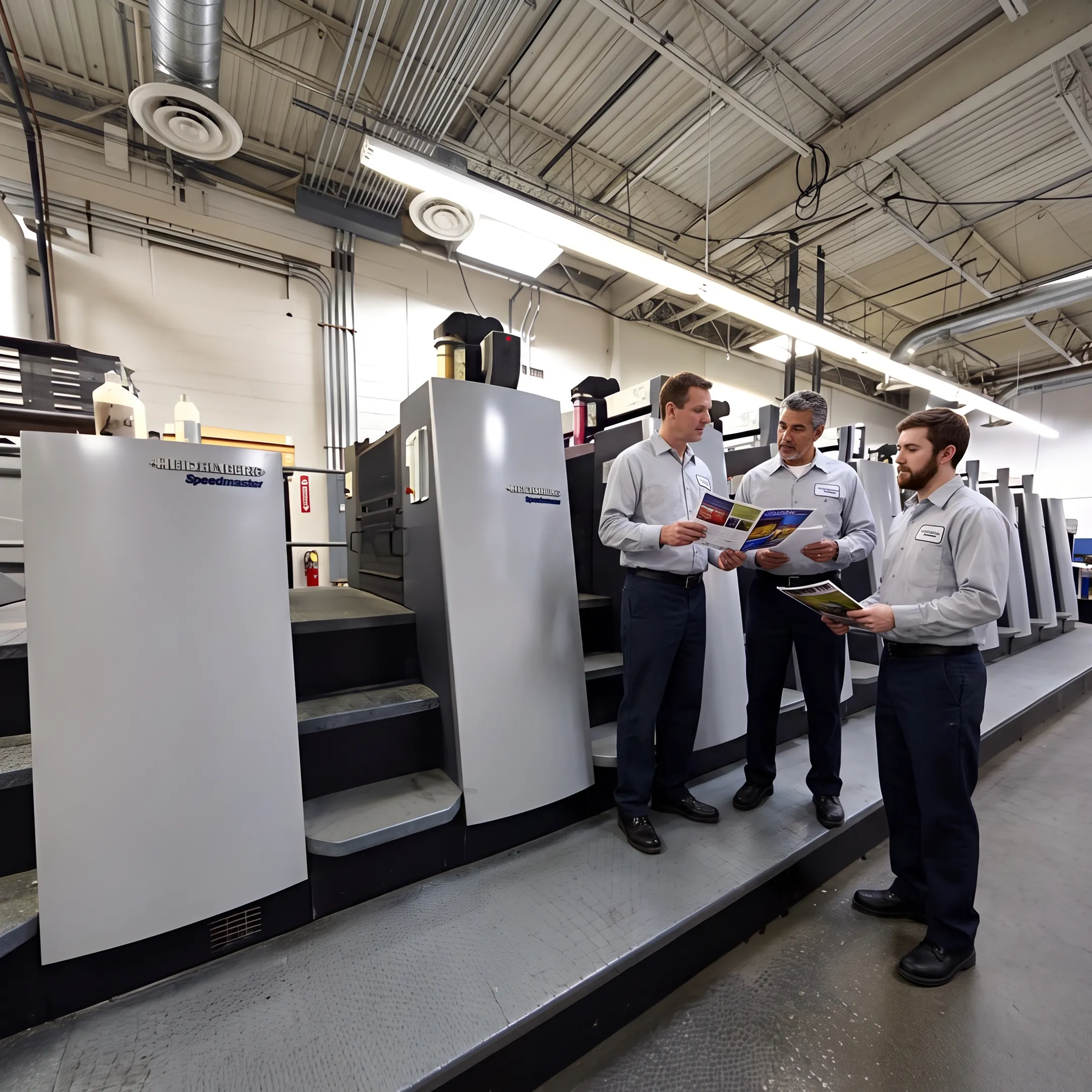 Print production team reviewing commercial brochures beside a press
