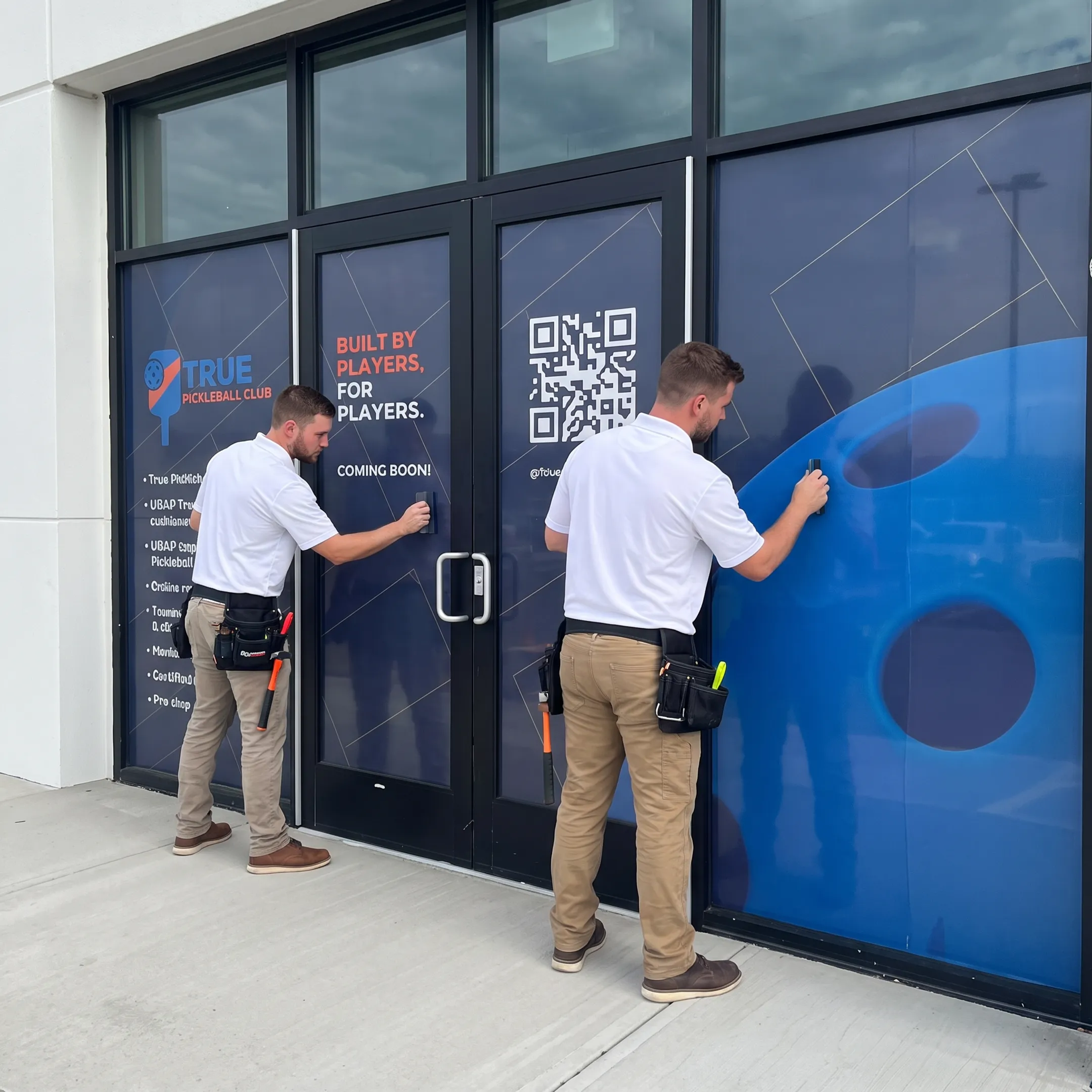 Team installing custom removable graphics on a glass window