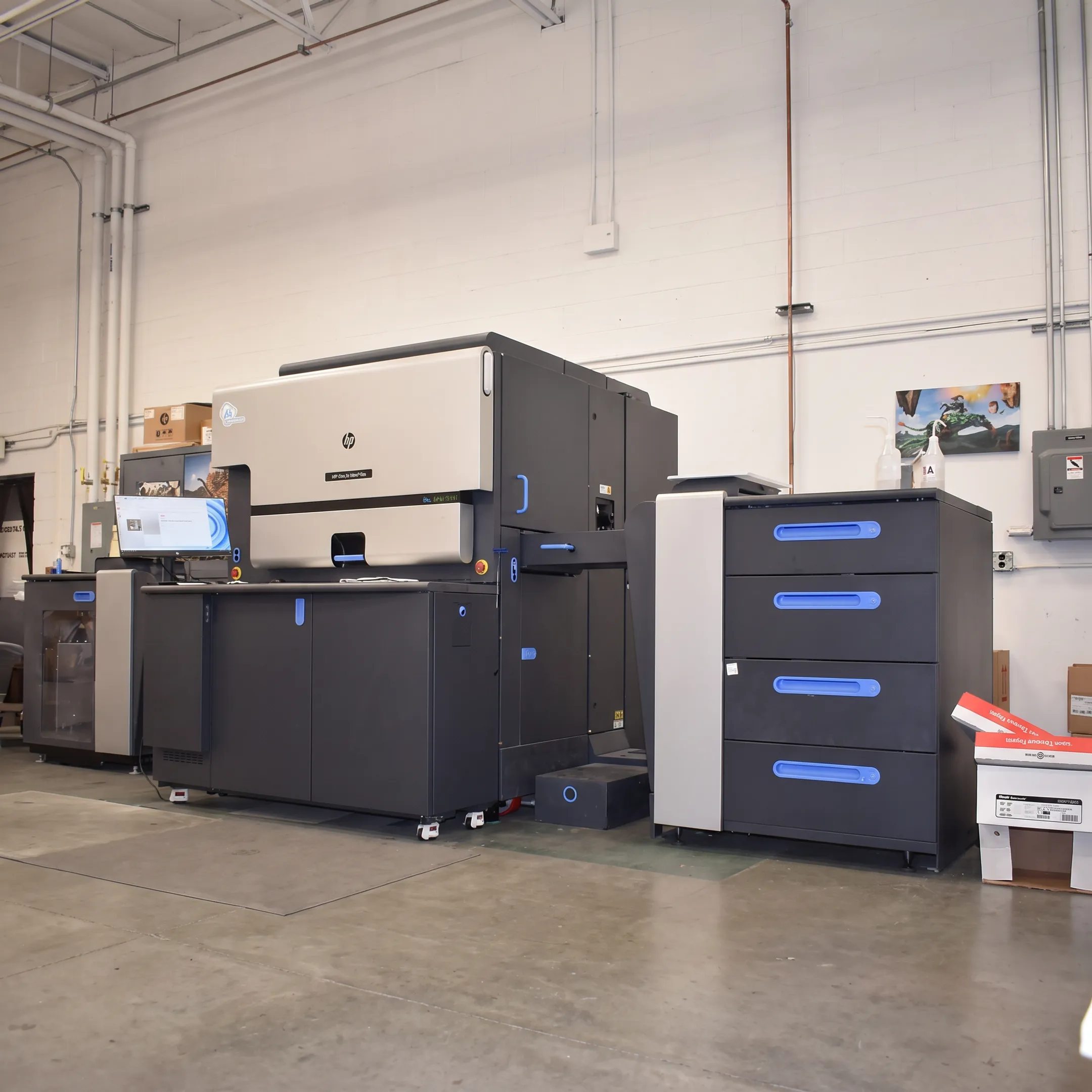 Commercial printing press producing vibrant business materials in a professional print production facility
