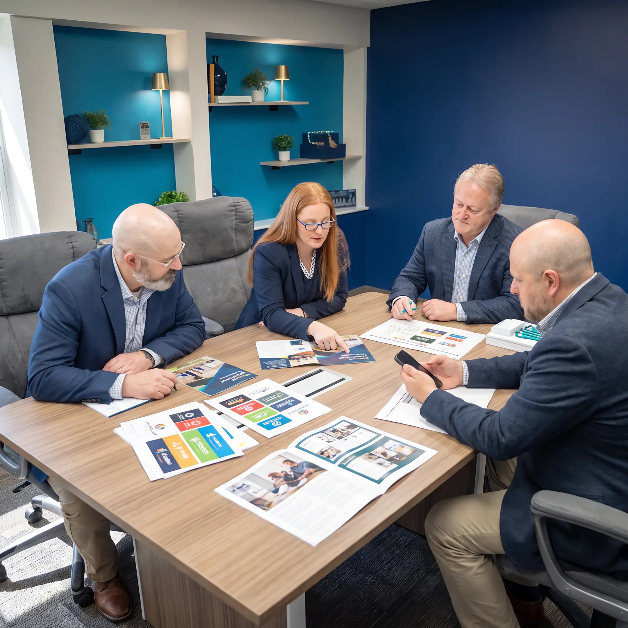 Creative team developing branded graphic design materials in a professional studio