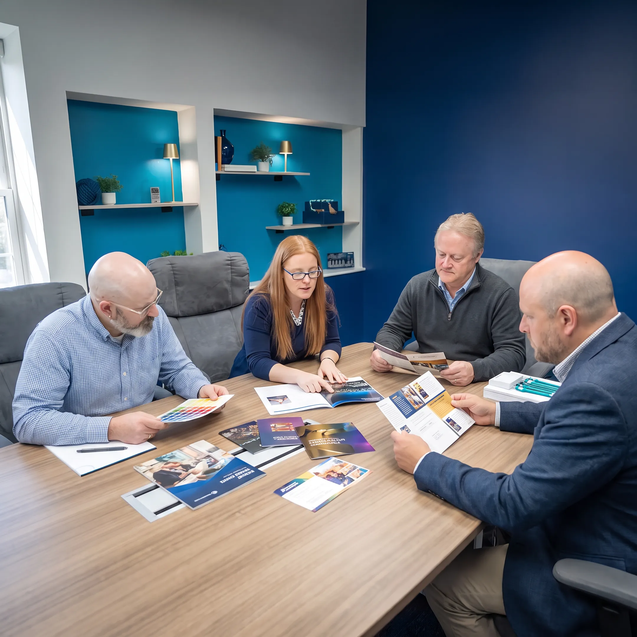Print professionals reviewing branded corporate materials